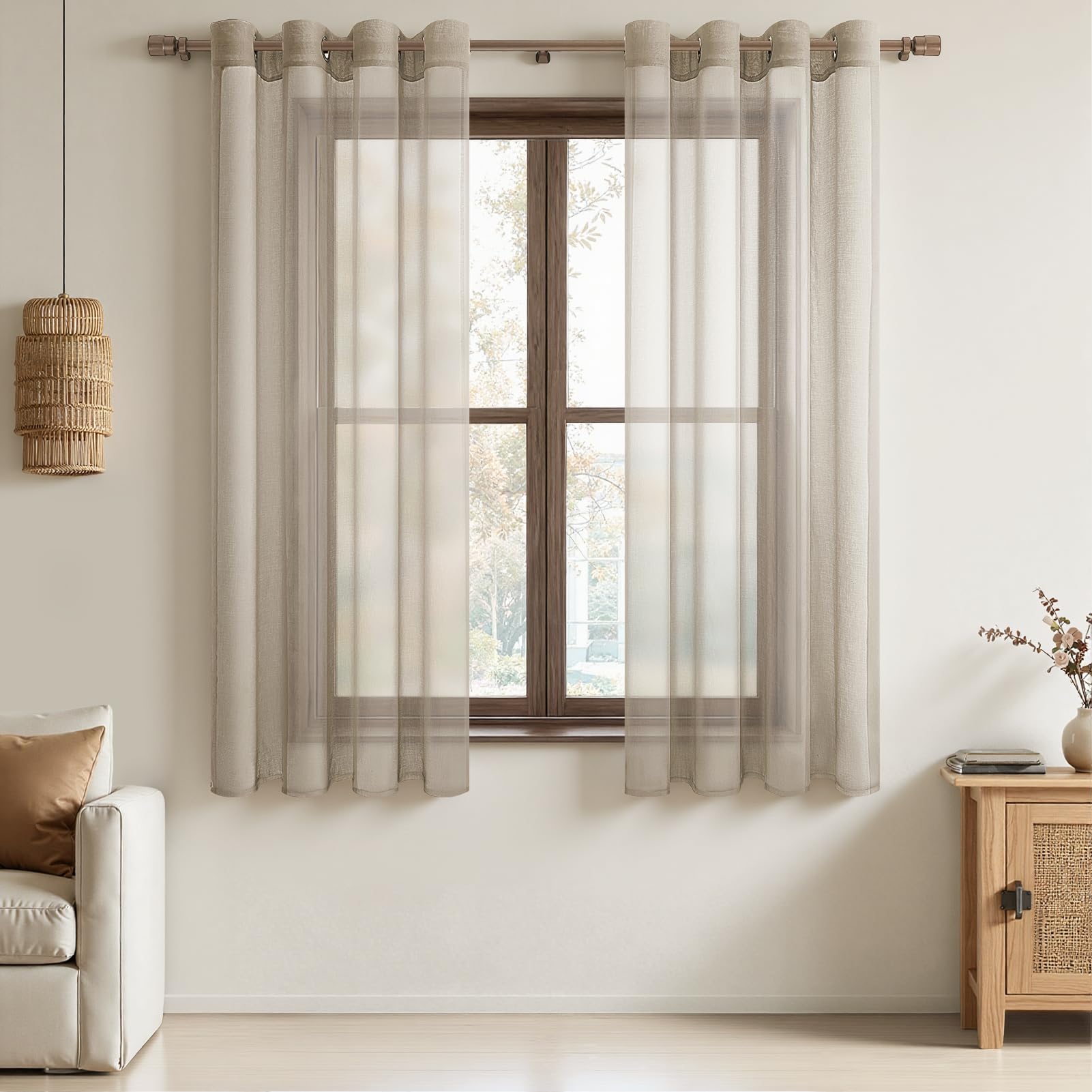 MRTREES Kitchen Net Curtains for Windows 48 Inch Drop, Sheer Voile Eyelet Curtains for Cafe Bedroom Living Room, 2 Panels Semi-Transparent Window Treatments 140x122 CM 55x48 Inch Beige โ image 1