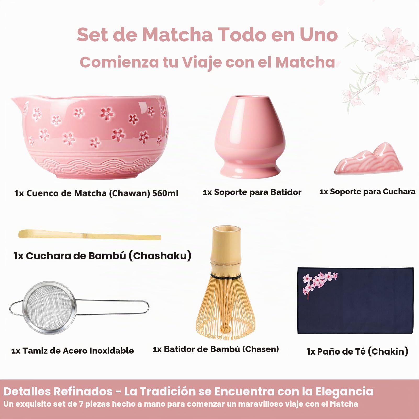 AANQQ Kit Matcha Rosa: Matcha Set 7 piezas - Cuenco de matcha con pico 560 ml - Chasen bambú matcha - Cuchara matcha y Colador de matcha Kit té matcha, Ideal para principiantes y amantes del matcha