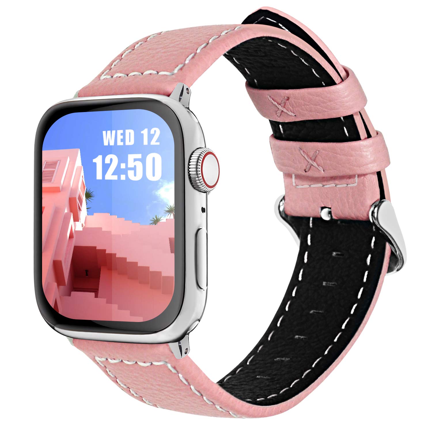 Fullmosa Compatible Apple Watch Band Leather 38mm 40mm 41mm 45mm 44mm 42mm for iWatch SE/SE2/Series 8/7/6/5/4/3/2/1,38mm/40mm/41mm Pink + silver buckle