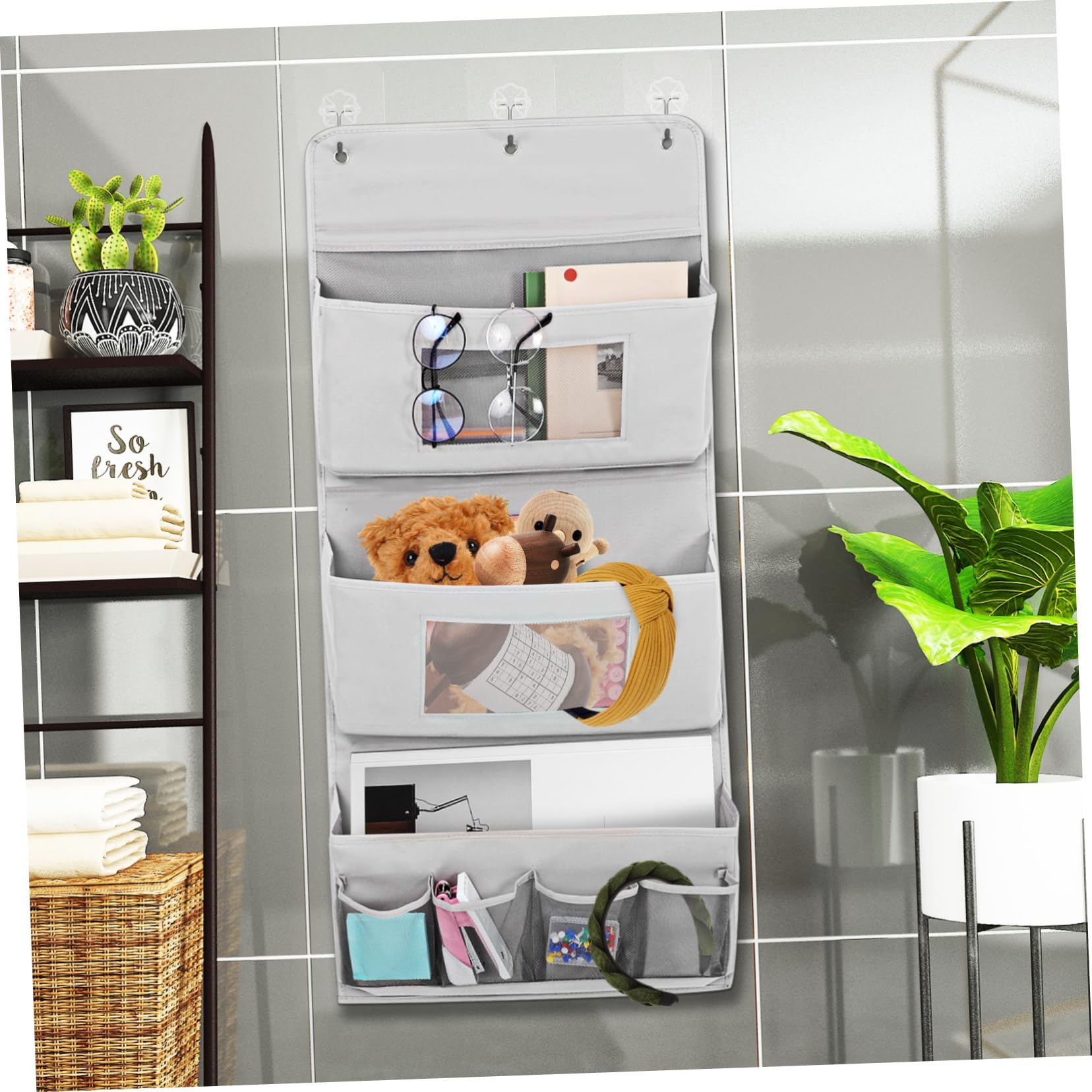 Organizer da Appendere per Porta, Borsa Portaoggetti Grigio Tasche e Fori Multipli, Lavabile, Salvaspazio per Bagno e Camera da Letto
