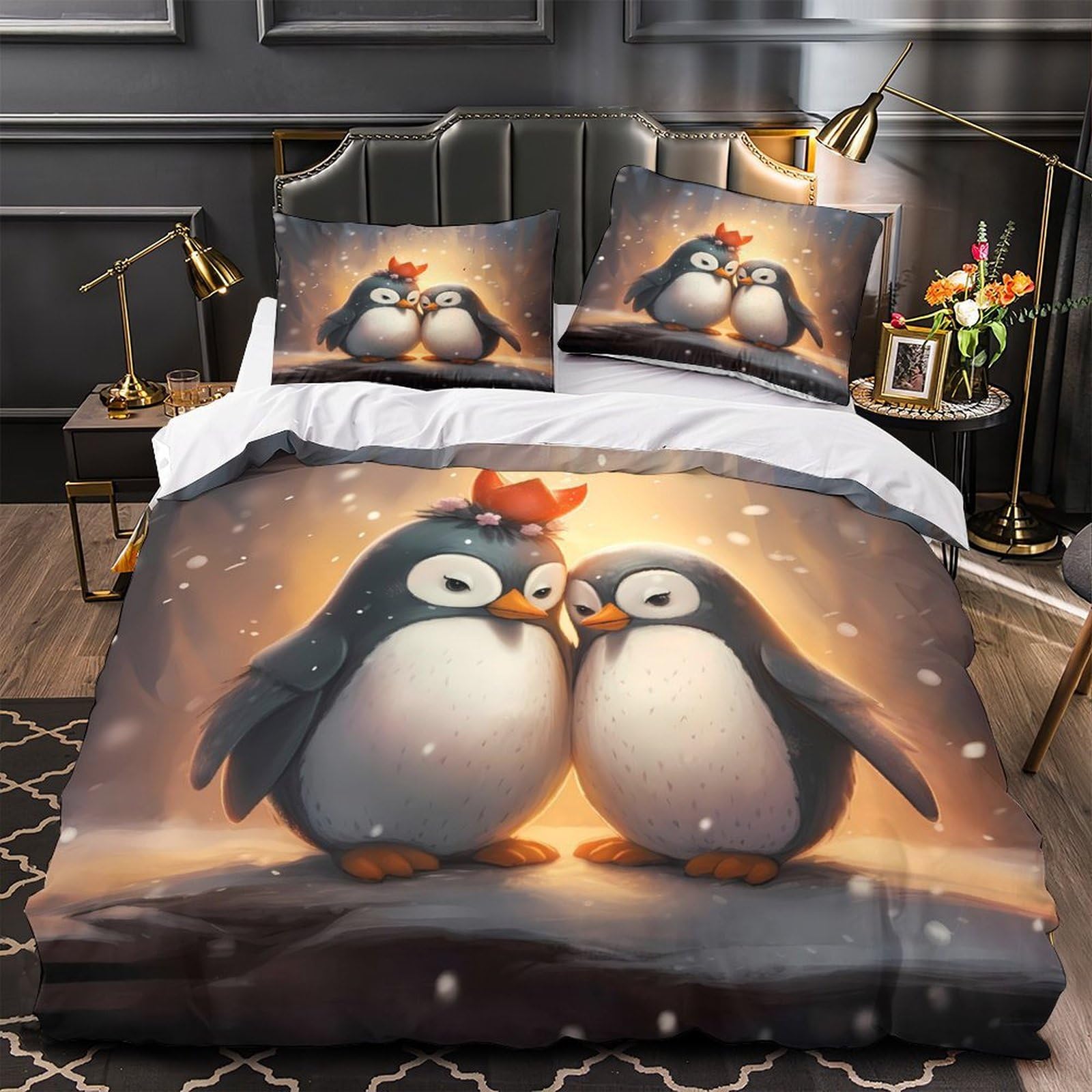 Parure de lit pingouin 140x200 housse de couette enfant microfibre