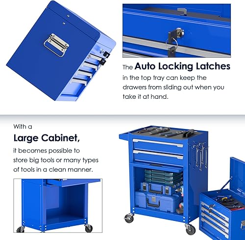 Miniatura 3 de Cofre de herramientas, gabinete de almacenamiento de herramientas rodante de 6 cajones con caja de herramientas superior desmontable, forro, ruedas