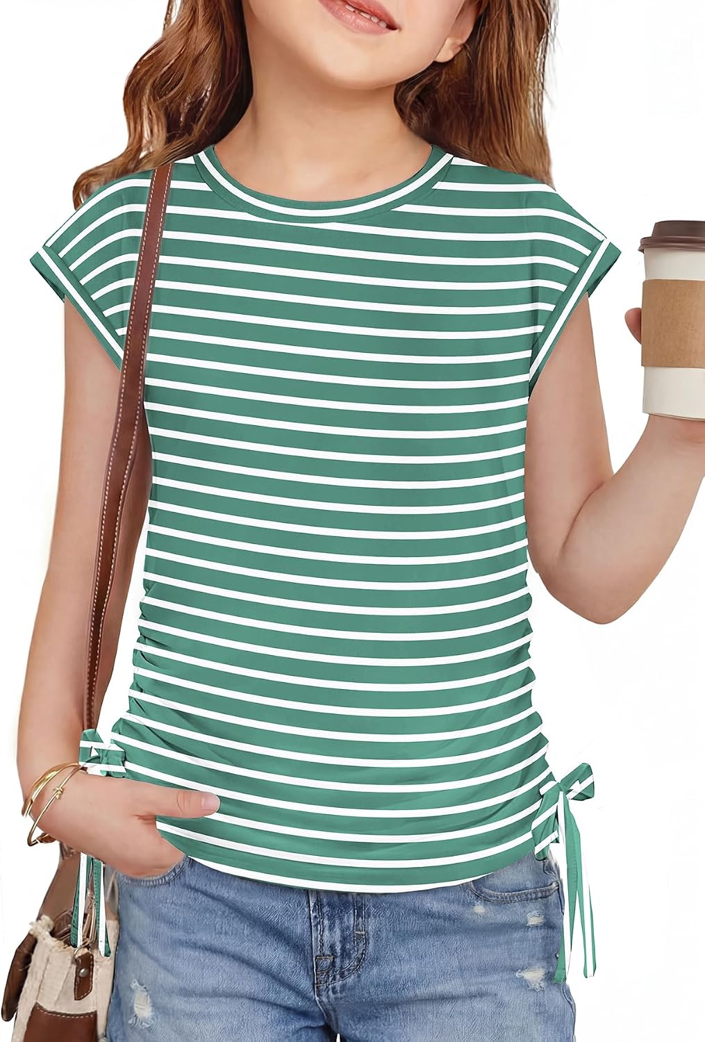 Arshiner Girls Cap Sleeve T Shirts Ruched Knot Side Summer Casual Tops Tee