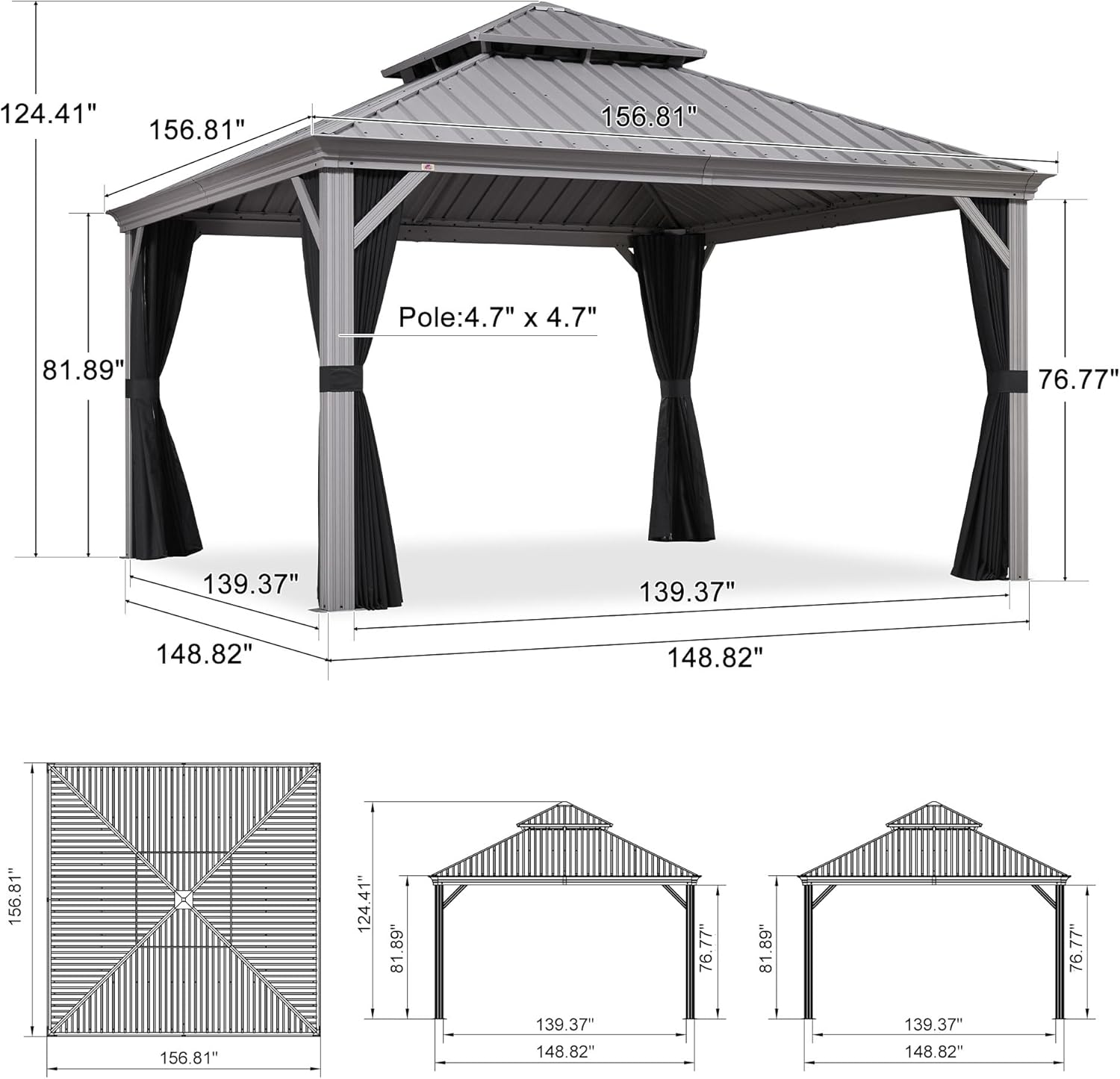 Detailed dimensions of the 13x13 PURPLE LEAF gazebo