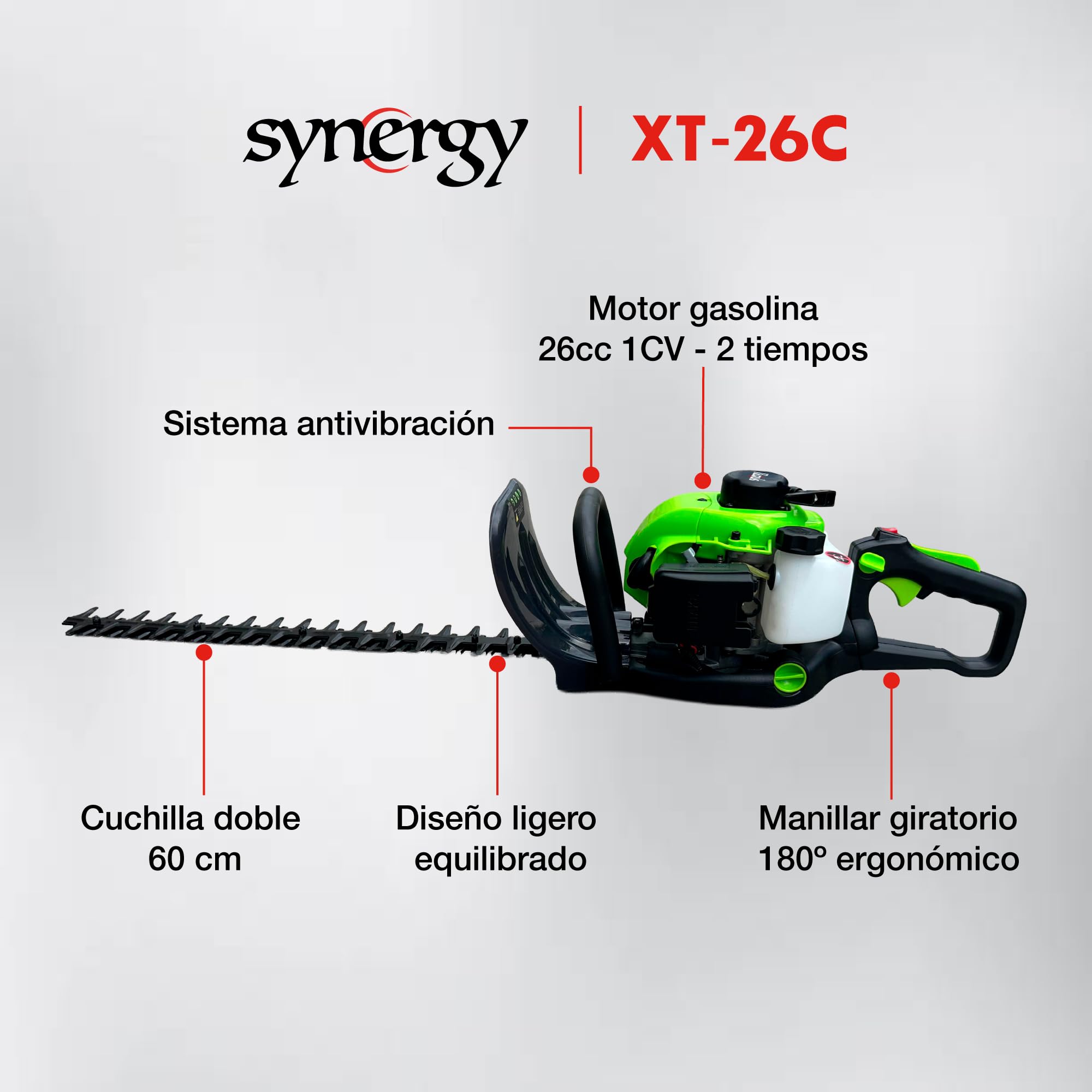 Synergy Cortasetos a Gasolina XT-26C – Motor 2 Tiempos 26cc 1CV – Cuchilla Doble 60cm, Manillar Giratorio 180° y Sistema Antivibración