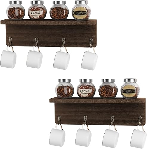 Ganchos para tazas de café con estante de almacenamiento, organizador de tazas de café de granja, juego de 2 estantes de madera para tazas de té de