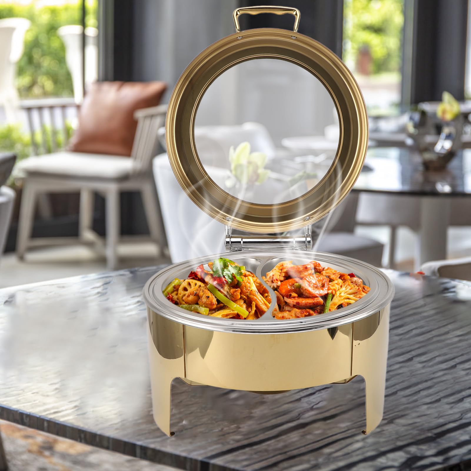 Cocoarm Plato de Frotamiento Redondo para Buffet Calentadores de Comida para Buffet Redondos de Acero Inoxidable 6L Visual Dorado Tapa Abatible de 90 Grados Calefacción con Alcohol para Hotel,