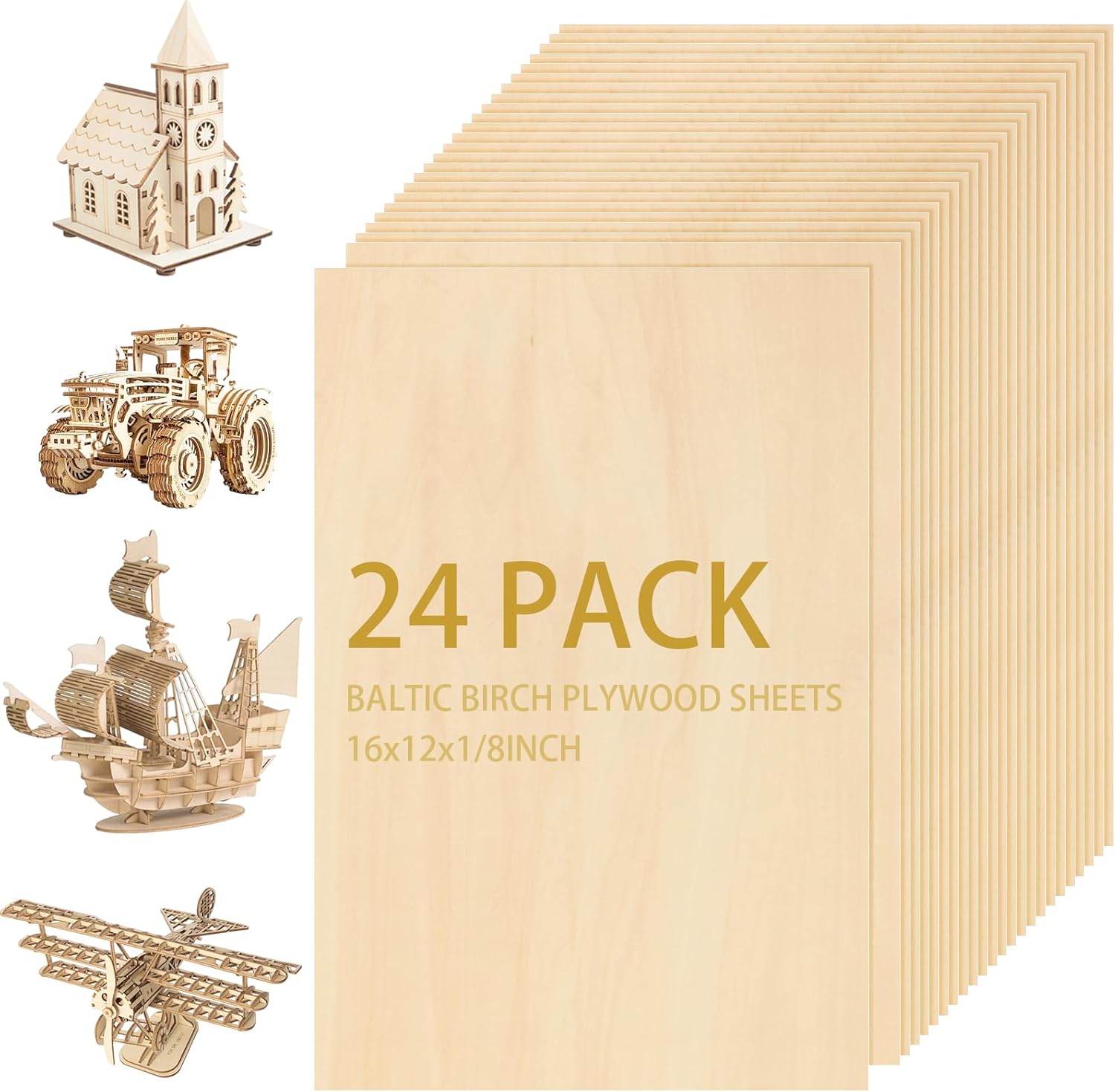 24Pcs 16 x 12 x 1/8 Inch Baltic Birch Plywood Sheets 3mm Unfinished Plywood Sheet for Arts and Crafts, Painting, Pyrography, Wood Engraving, Wood Burning, Laser, Architectural Models