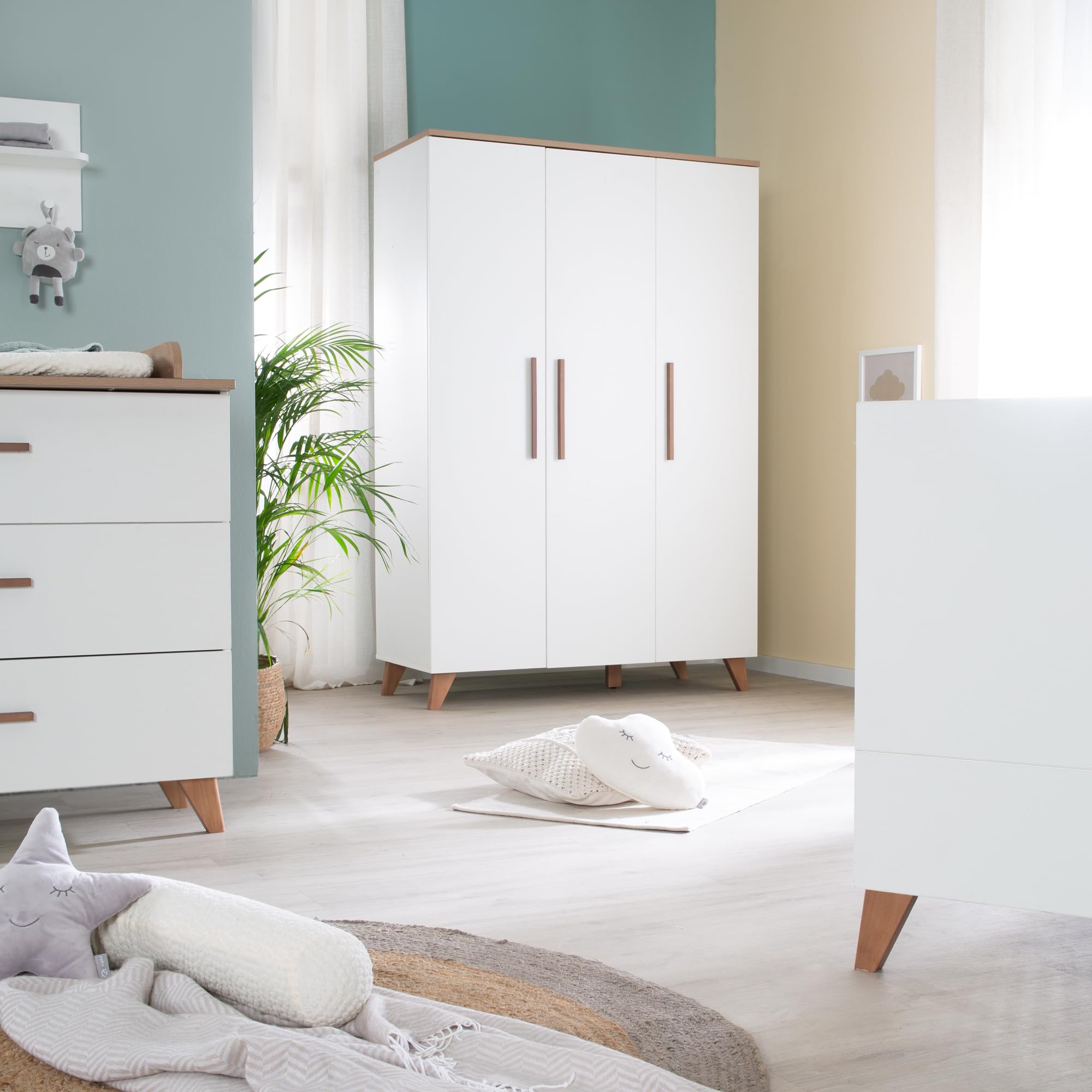 roba Set per cameretta bambini 3 pezzi Lettino 70x140 cm convertibile fasciatoio 3 cassetti armadio bambini Maniglie piedi legno massello Bianco rovere scuro