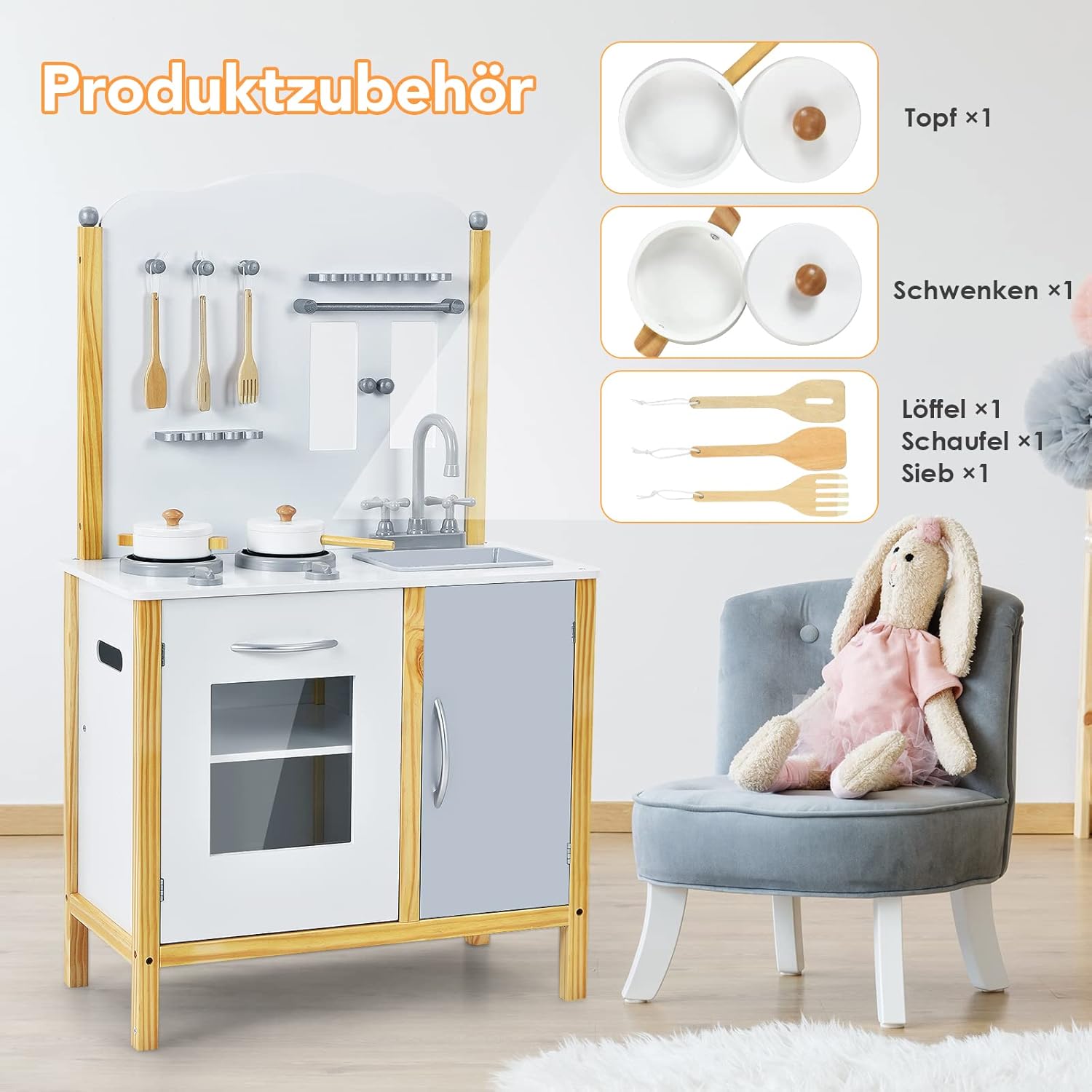 Included accessories for the play kitchen: a pot, a pan, a spoon, a spatula, and a sieve.