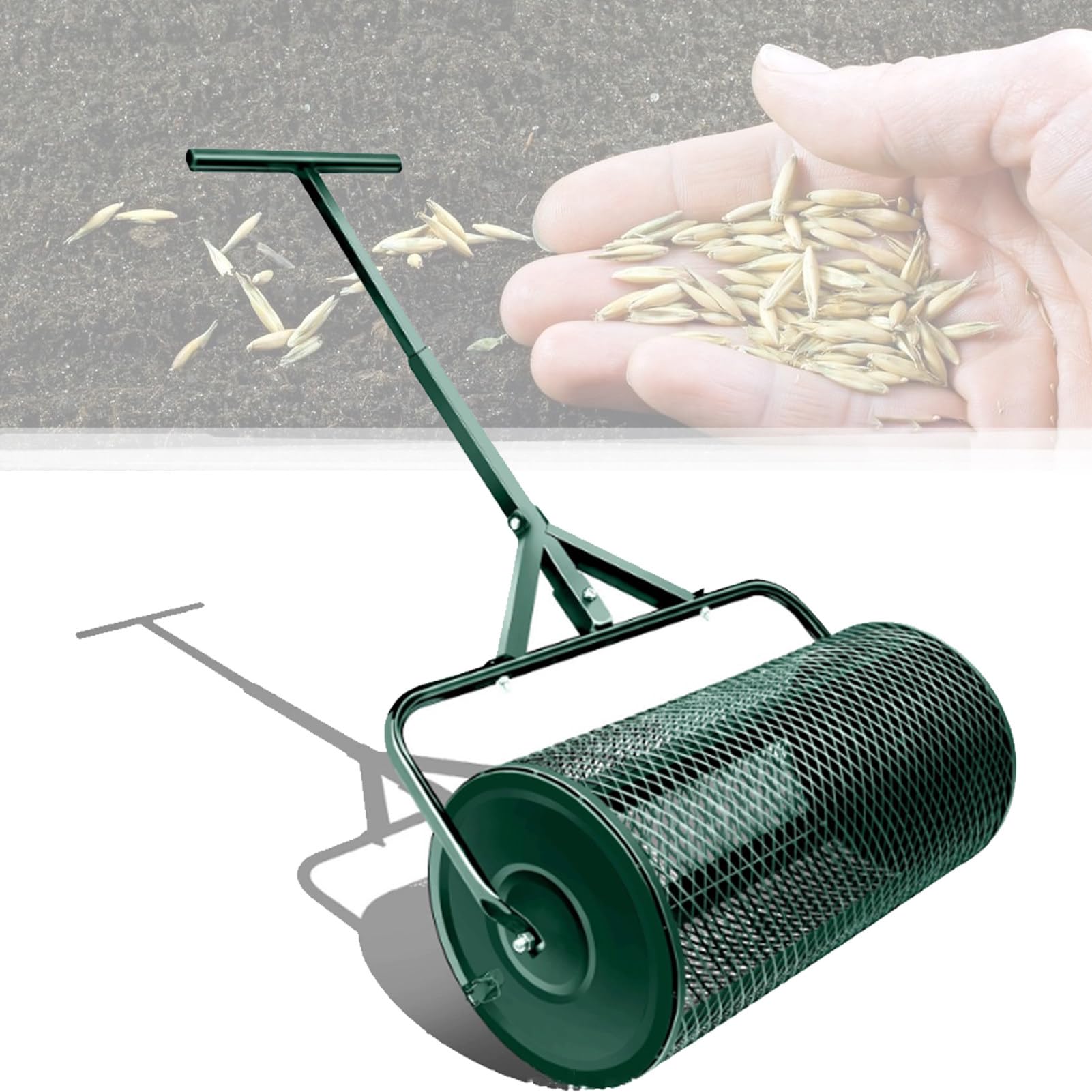 Épandeur de compost, rouleau à gazon, épandeur de fumier avec poignée en T améliorée, épandeur de terre végétale pour l'entretien de la pelouse et du jardin, épandeur de fumier à rouleau, noir