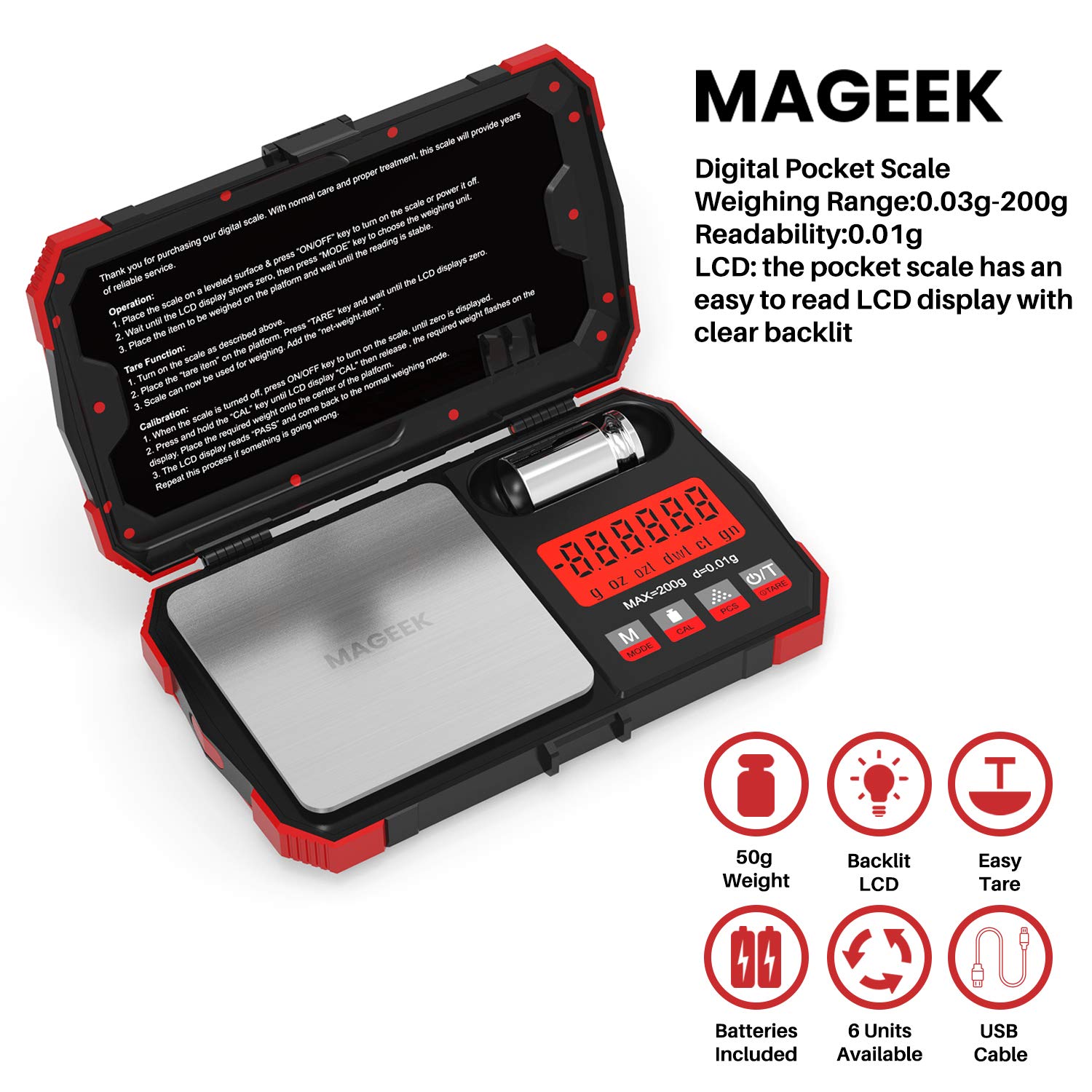 Gram Scale with USB Charging Port, Maxus Digital Pocket Scale 200g x 0