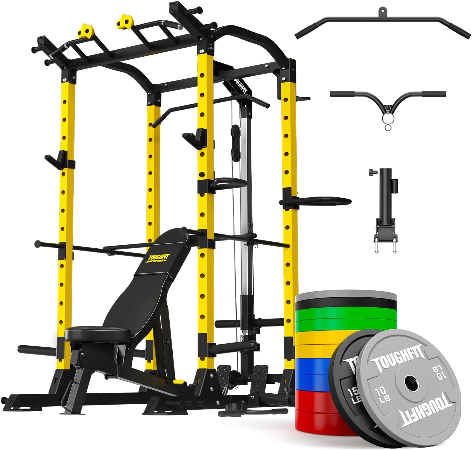 ToughFit Power Cage 1000lbs Squat Rack with Weights and Bar Set Multi-Function Power Rack Weight Cage with LAT Pull-Down for Strength Training Garage & Home Gym (1200lb Bar,370lb Colorful Plates)…
