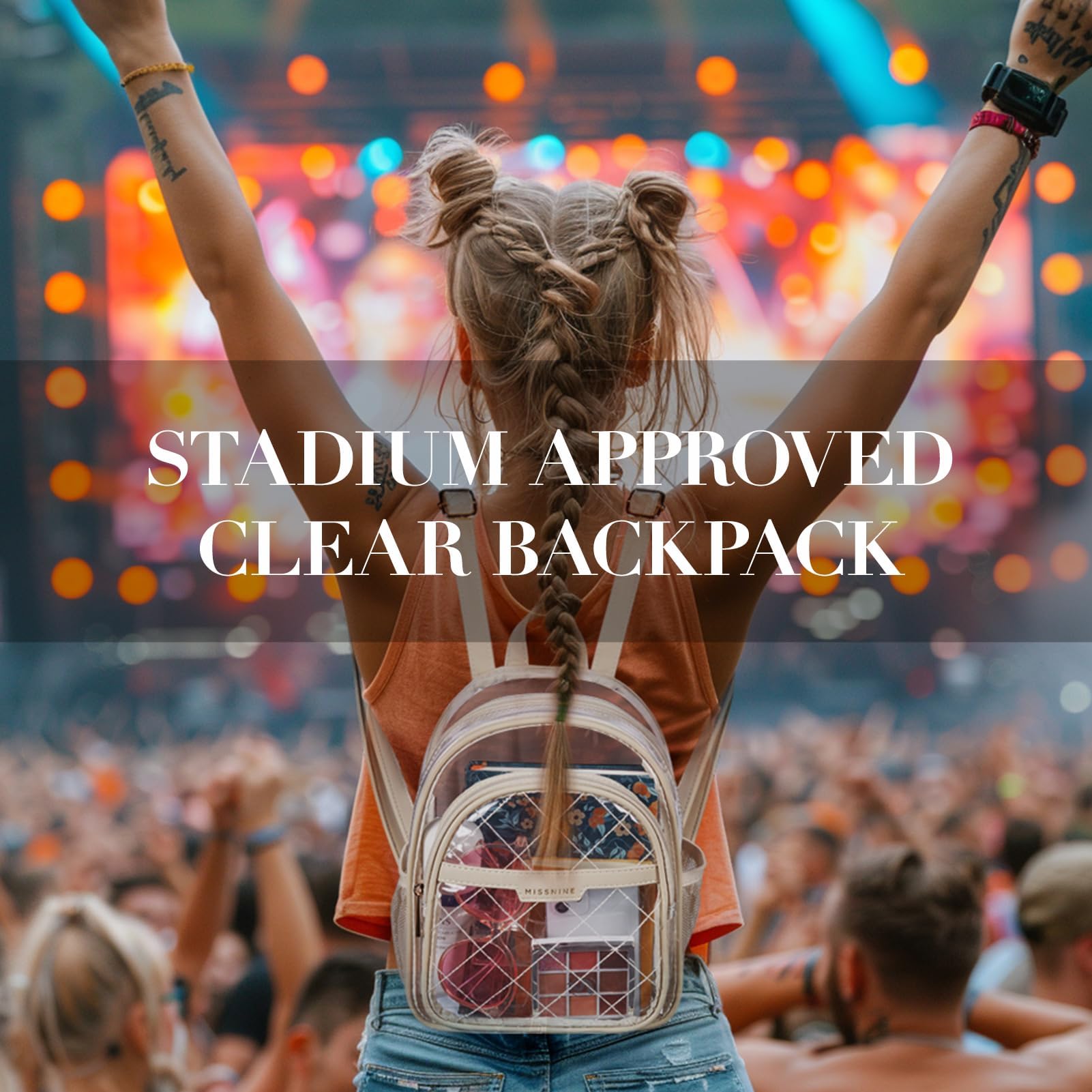 Missnine Clear Backpack for Stadium Approved, Quilted Clear Bag for Stadium Events with Leather Trim for Sports Event, Concert, Festival, Daily