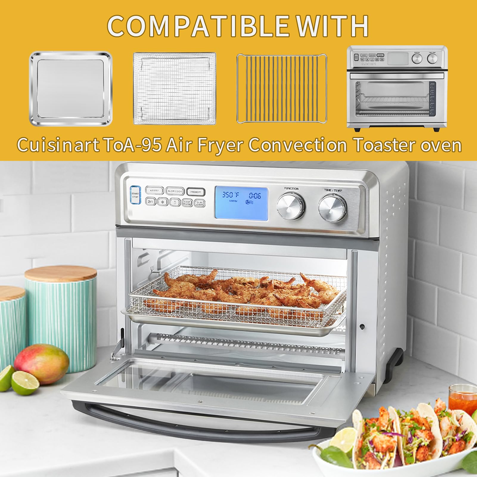 Air Fryer Tray Replacement for Cuisinart TOA-95 Toaster Air Fryer Convection Oven, 11.5 * 10'' Non-stick Mesh Air Fryer Stainless Steel Basket Wire Rack Accessories Parts, Dishwasher Safe