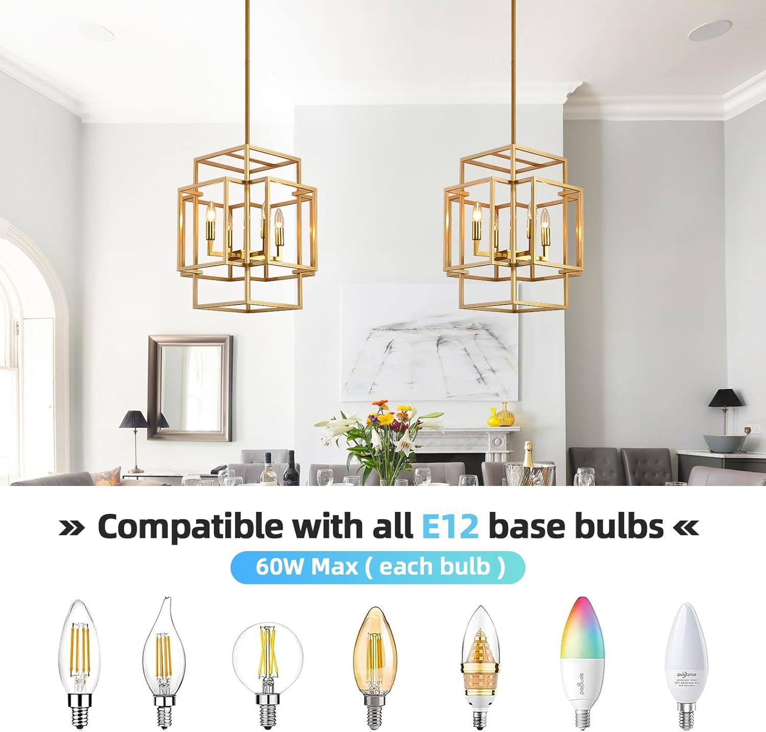 4-Light Gold Chandelier, Farmhouse Foyer Lighting Fixtures Industrial Ceiling Lantern Pendant Light, Hanging Pendant Lights Kitchen Island, for Entryway Kitchen Island Staircase Hallway