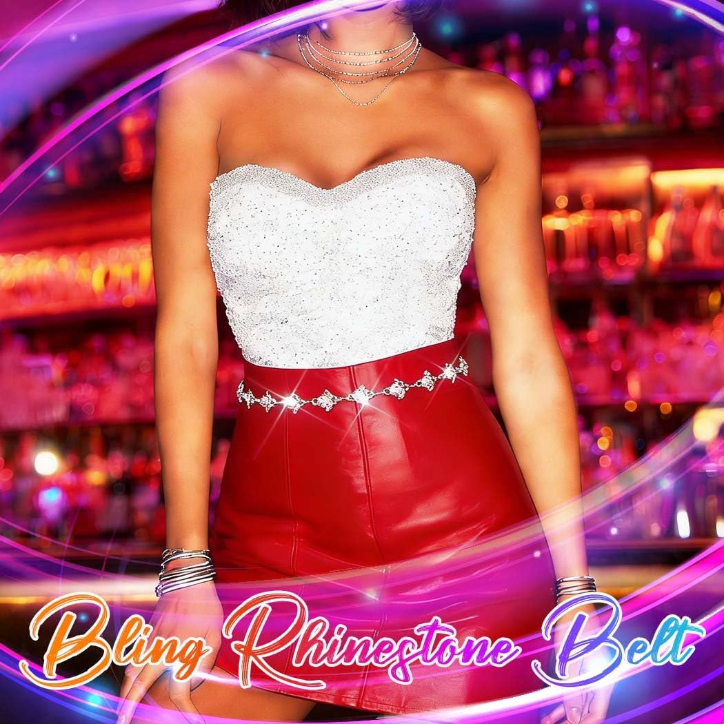 Silver Rhinestone Belt Bling Chain Belts for Dress Fashion Sparkly Waist Accessories for Women
