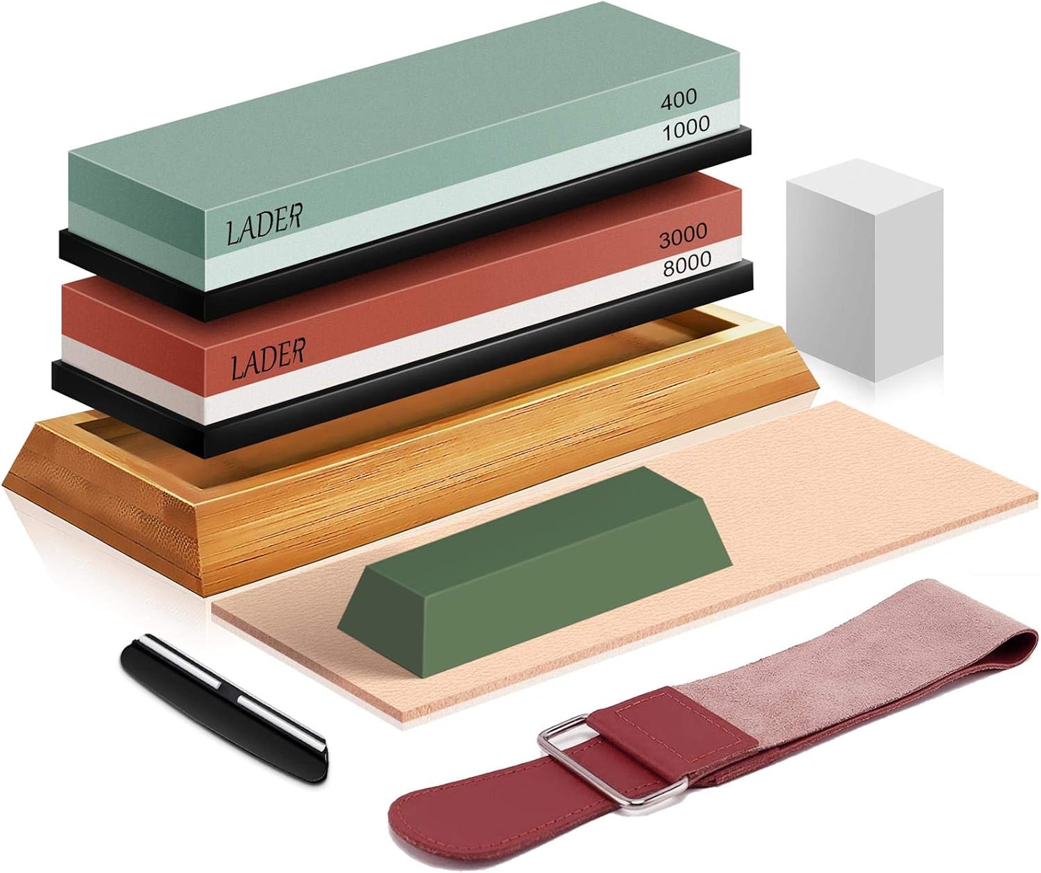 Knife Sharpening Stone Set,LADER 400/1000 and 3000/8000 Grit Whetstone Knife Sharpener Kit with Flattening Stone,Polishing Compound,Leather Honing Strop and Leather Razor Strop