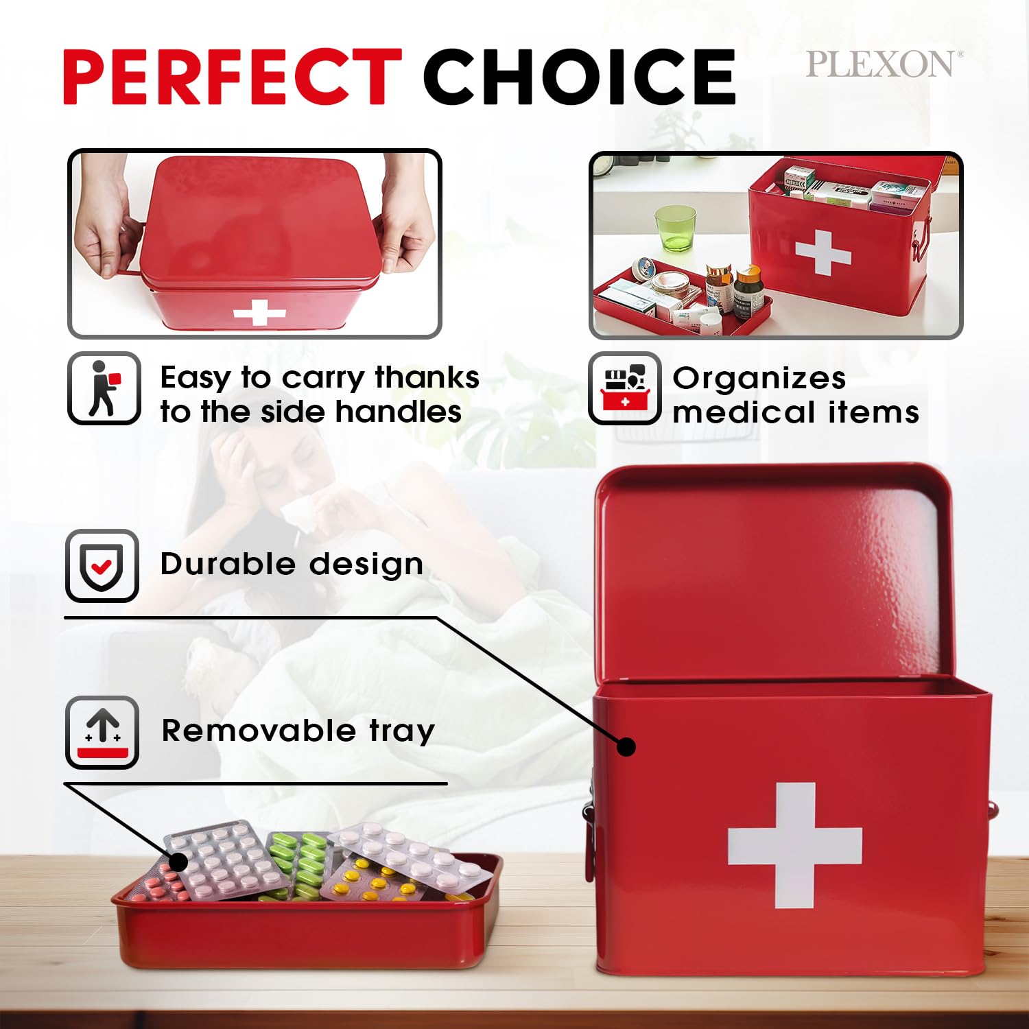Plexon Contenitore per forniture di primo soccorso, latta di stoccaggio di medicine in metallo da 21,6 cm, organizer per pronto soccorso, kit di pronto soccorso rosso