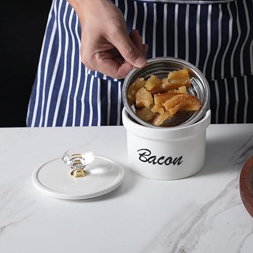 Miniatura 6 de Contenedor de grasa de tocino con tapa de cristal y colador, contenedor de cerámica de 12.5 onzas para almacenamiento de aceite para freír para