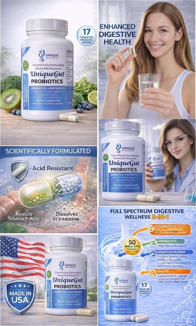 UniqueGut™ Probiotics – 17-Strain Advanced Formula with Prebiotics, Postbiotics, Digestive Support & CoQ-10