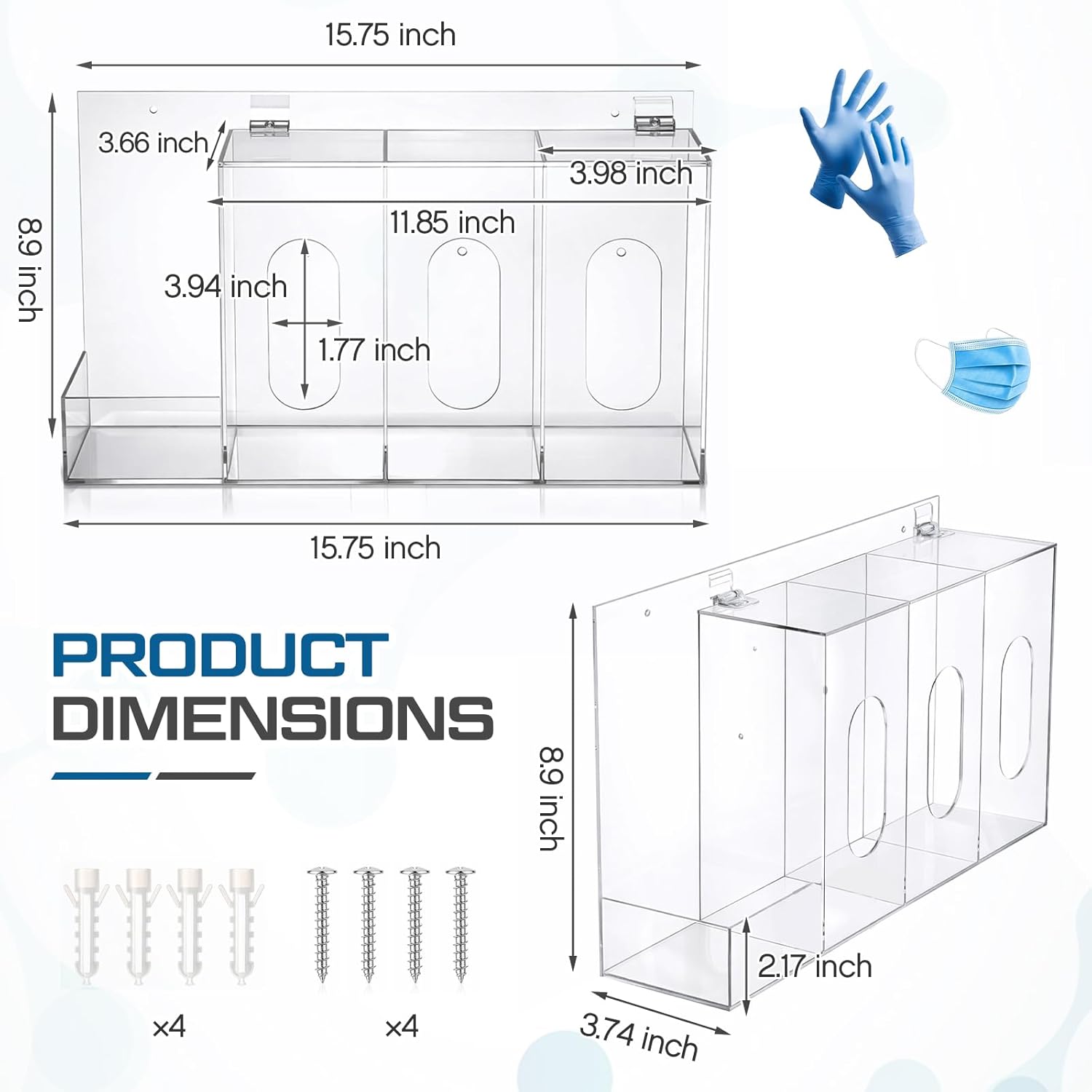Xuhal Hand Sanitizer and Glove Holder Dispenser with Lid Clear Acrylic Wall Mount or Tabletop 4 Compartments Hygiene Station for Disposable Face Mask Shoe Cover Hairnets Industrial Commercial Use