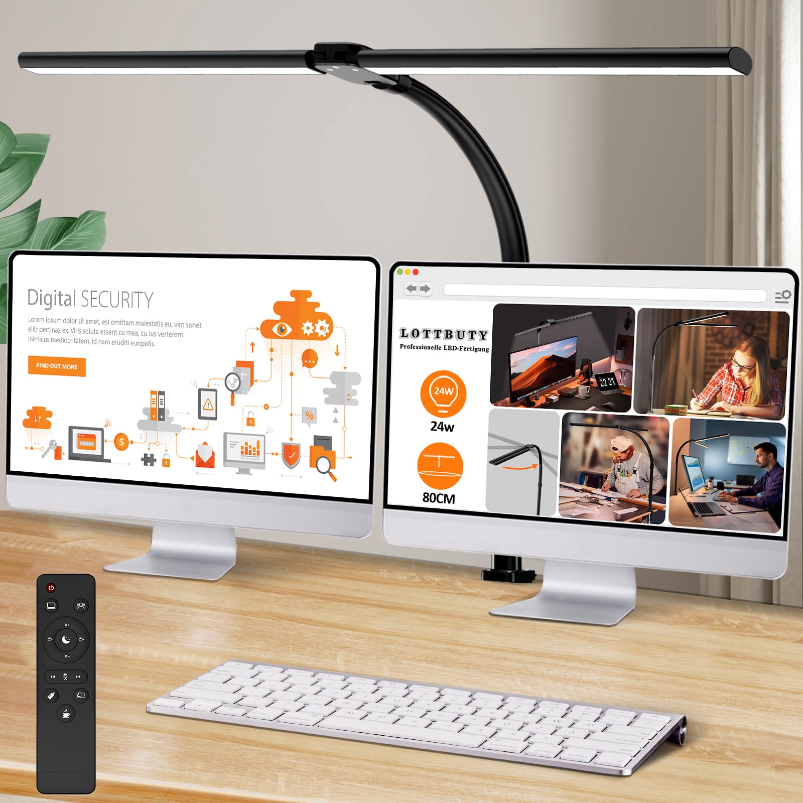 LOTTBUTY Doppelkopf Schreibtischlampe LED dimmbar,24W 80CM Homeoffice Tageslichtlampe Schreibtisch Lampe, Schwanenhals Büro Tischlampe (Schwarz,Klemmbar)