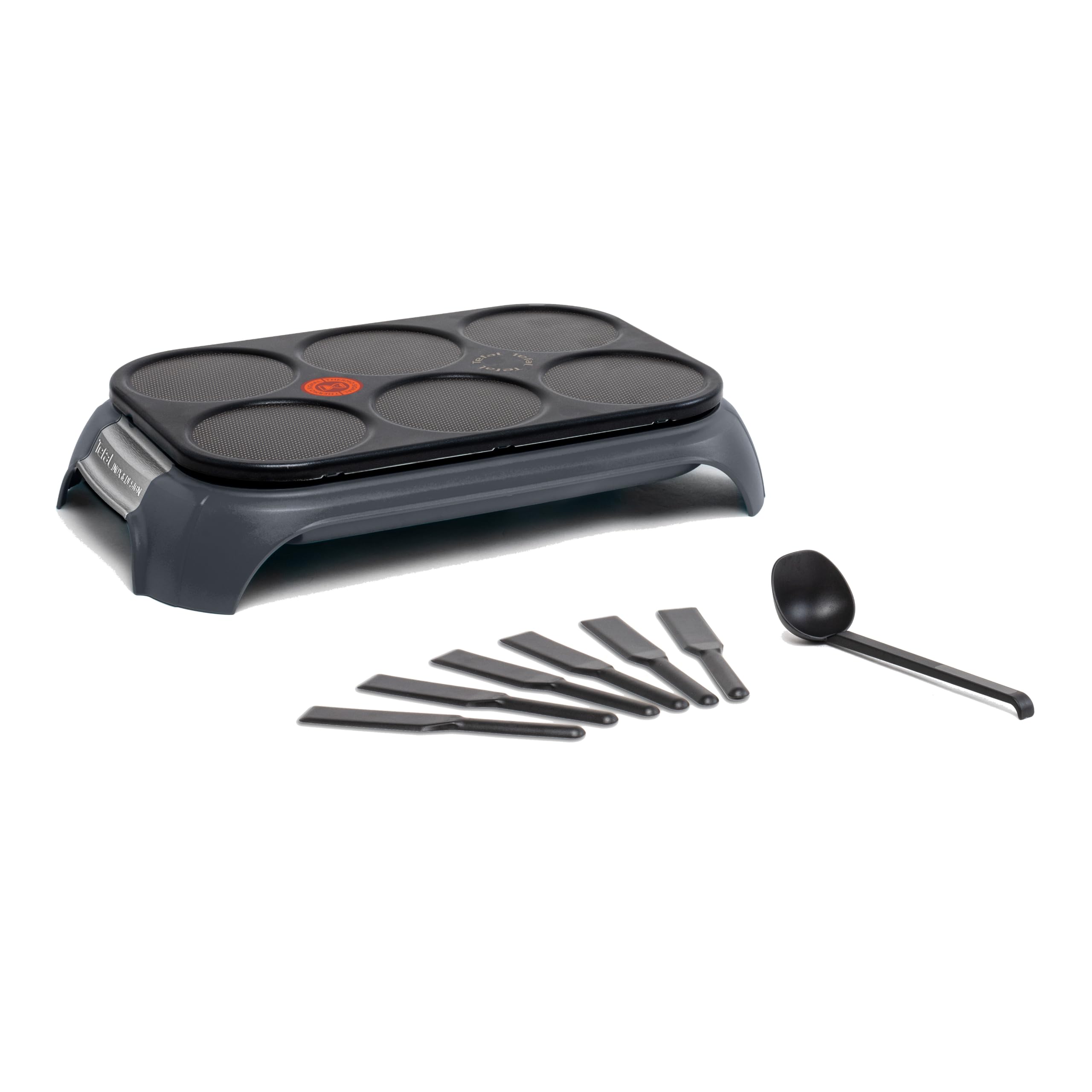 Tefal Crep'Party Crêpes- und Pancake-Maker, für 6 Personen, antihaftbeschichtete Platten, platzsparende Aufbewahrung, Thermo-Signal Temperaturindikator, Collector Design, Grau, PY558BF0