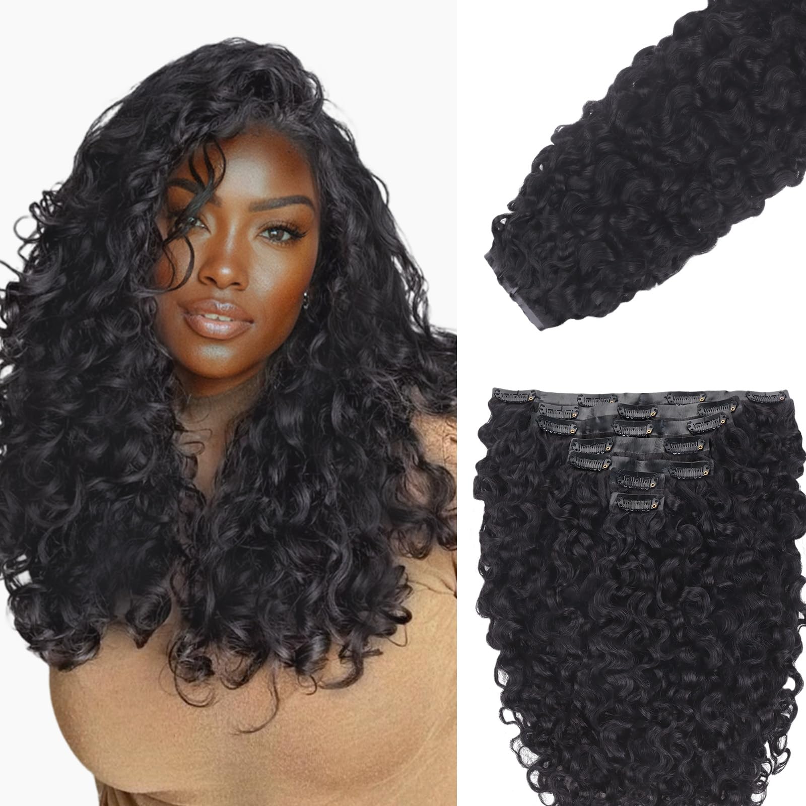 IDN BEAUTY Seamless Clip In Hair Extensions Human Hair, 18 Inch Natural Black Jerry Curl Burmese Wild Wave Curly Seamless Clip Ins For Black Women