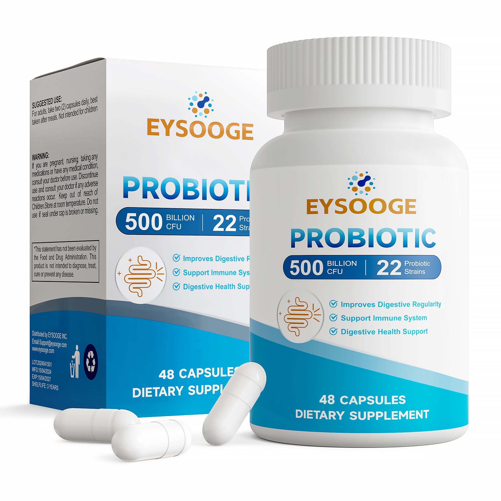 Probiotics for Women & Men, 500 Billion CFUs, 22 Probiotics Strains, 390mg Prebiotic Blend, Immune, Digestive & Gut Health, Vegan, Non-GMO - 48ct