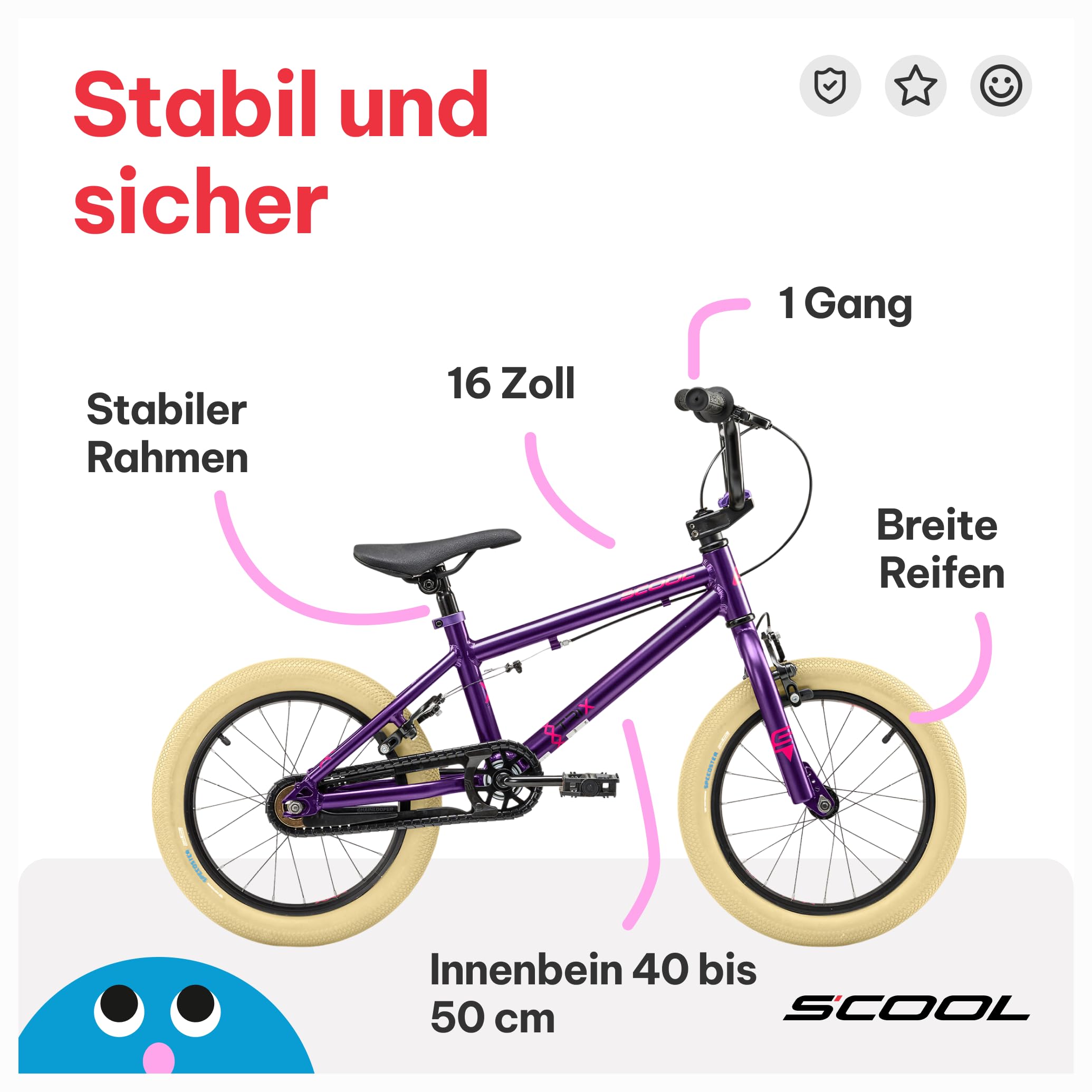 Kinderfahrrad 16 Zoll, Kinder BMX Fahrrad, 1-Gang,S’COOL XtriX Mini BMX, Fahrrad für Kinder ab ca. 4 Jahren – Körpergröße ca. 100–120 cm