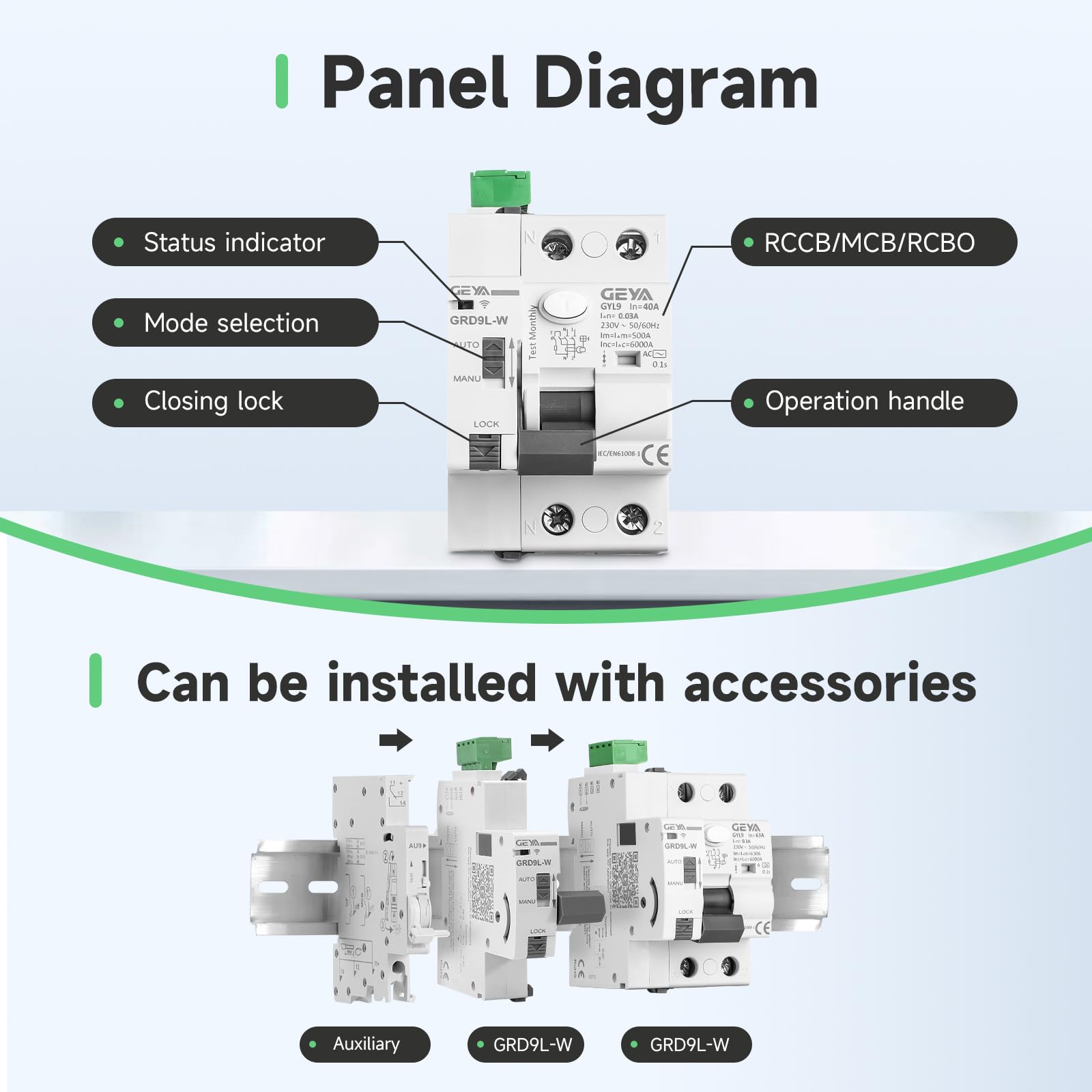 GEYA WiFi Interruttore Automatico con Chiusura Automatica Telecomandato 6KA ELCB RCCB RCD Dispositivo di Richiusura Automatica Vita Intelligente(GRD9L-W+Type AC GYL9-2P-40A-0.03A)