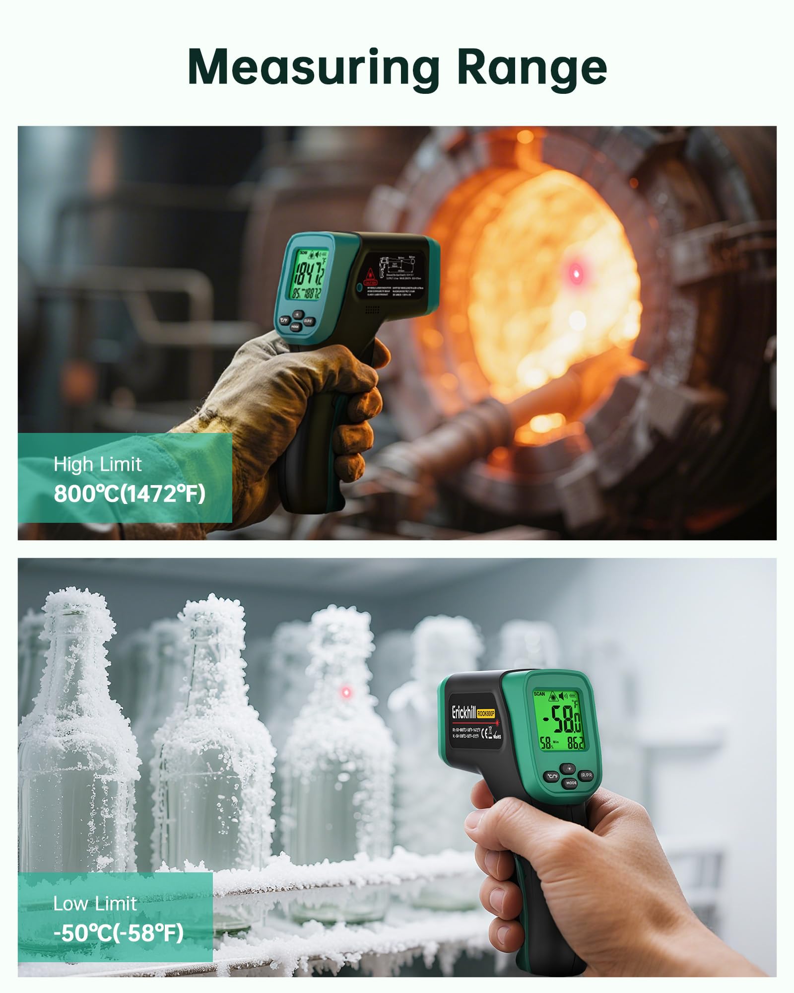 ERICKHILL Infrared Thermometer Gun, Dual Mode IR Laser Thermometer with -50°C~800°C and Meat Probe (-50°C~300°C), Non-Contact Digital Thermometer for Cooking, BBQ, and Industrial Use — Amazon image 6