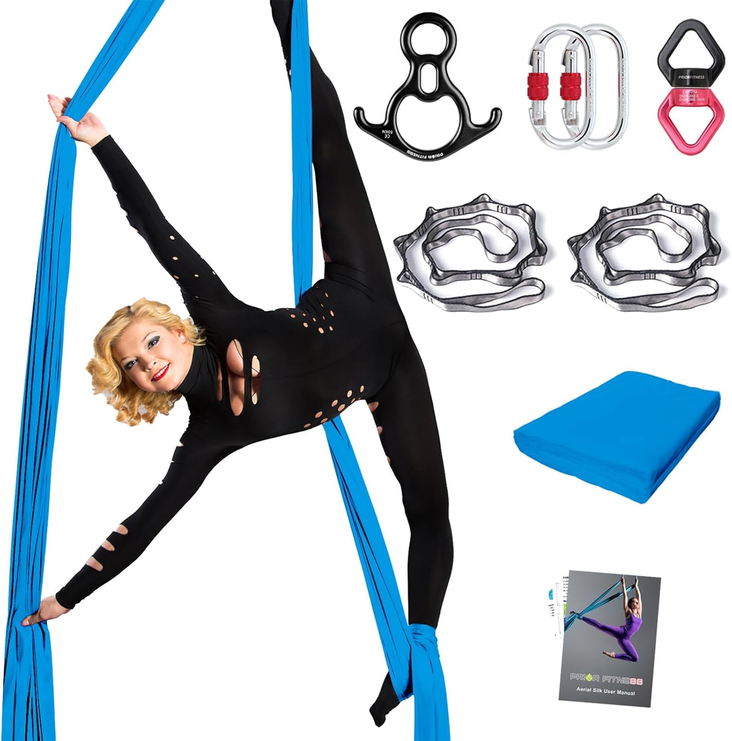 PRIOR FITNESS Aerial Silks Set, Professional Thicker Low Stretch Fabric 9/15/20 Yards Aerial Silk Swing Set with Hardware Guide, Yoga Starter Kit For Home, Aerial Yoga Hammock, Silks for Gymnastics, Antigravity Yoga, Inversion Exercise-All Levels