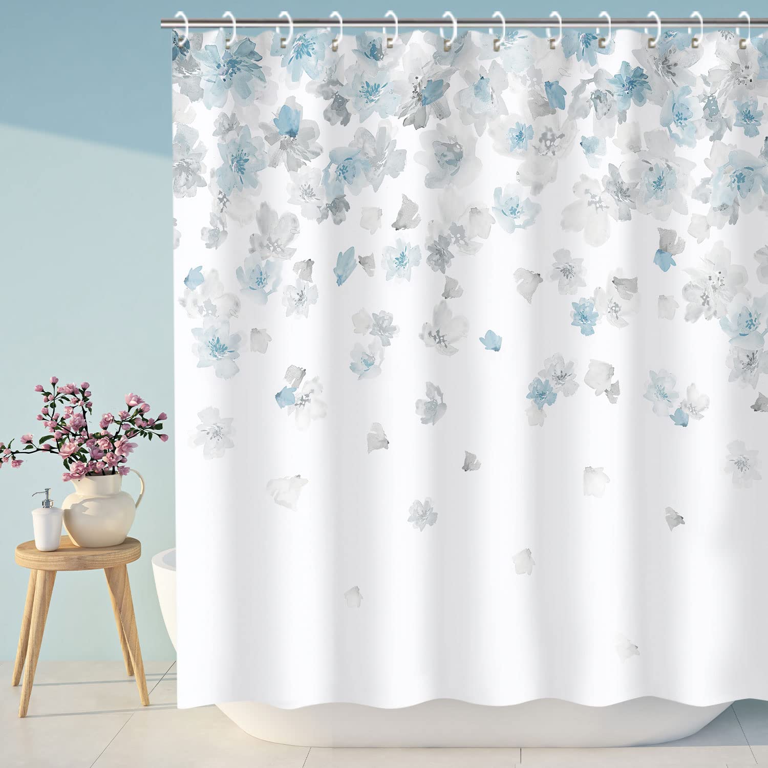 LIVILAN Cortina de ducha floral azul púrpura con 12 ganchos, cortina de ducha impermeable con flores para baño, decoración azul púrpura floral
