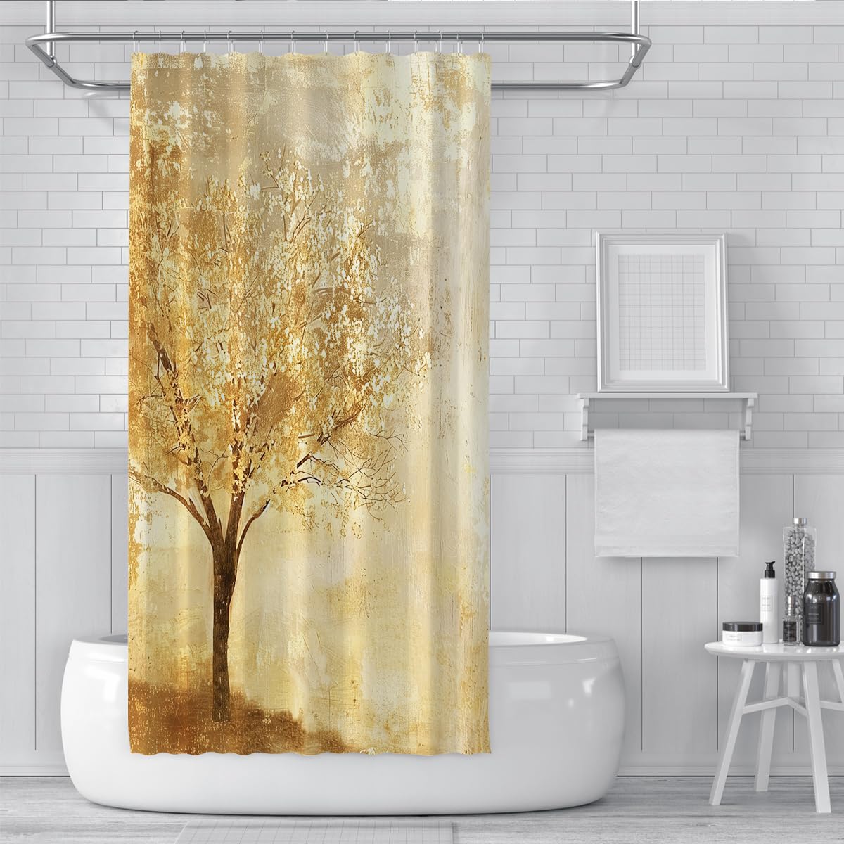 Drzewo Zasłona prysznicowa W180xL180cm Nowoczesne Rośliny Leśne Żółty Beżowy Złoty Z Teksturą Folia Aluminiowa Przeciw Pleśni i Pleśni Zasłony Łazienkowe Do Wann