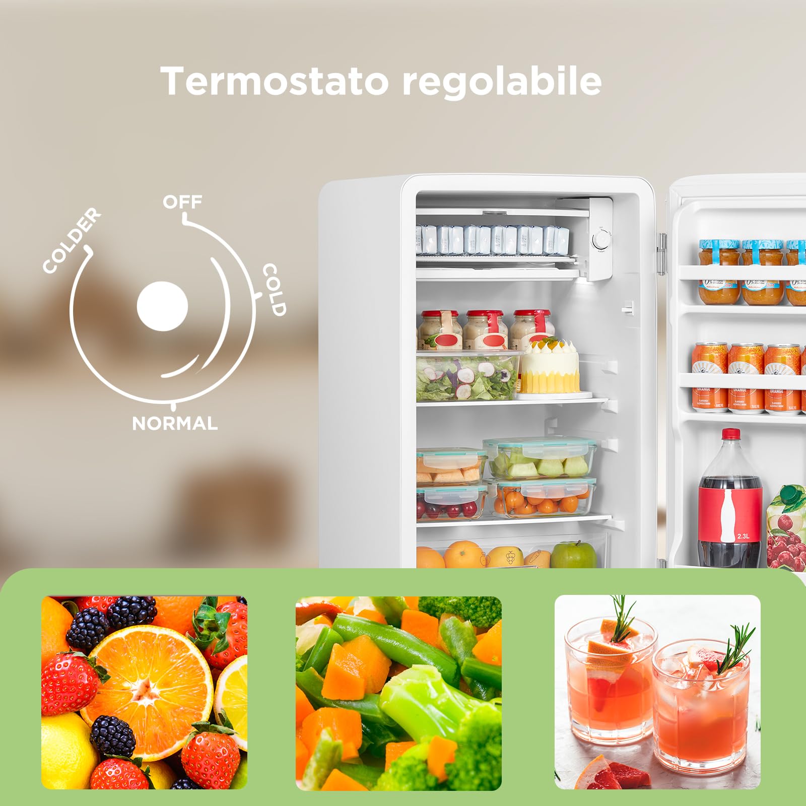 COMFEE' RCD93WH2EURT(E) Frigorifero Monoporta 93L, Design Retrò, Controllo Temperatura Regolabile, Adatto per Casa, Ufficio e Altre Applicazioni Domestiche, Colore Bianco
