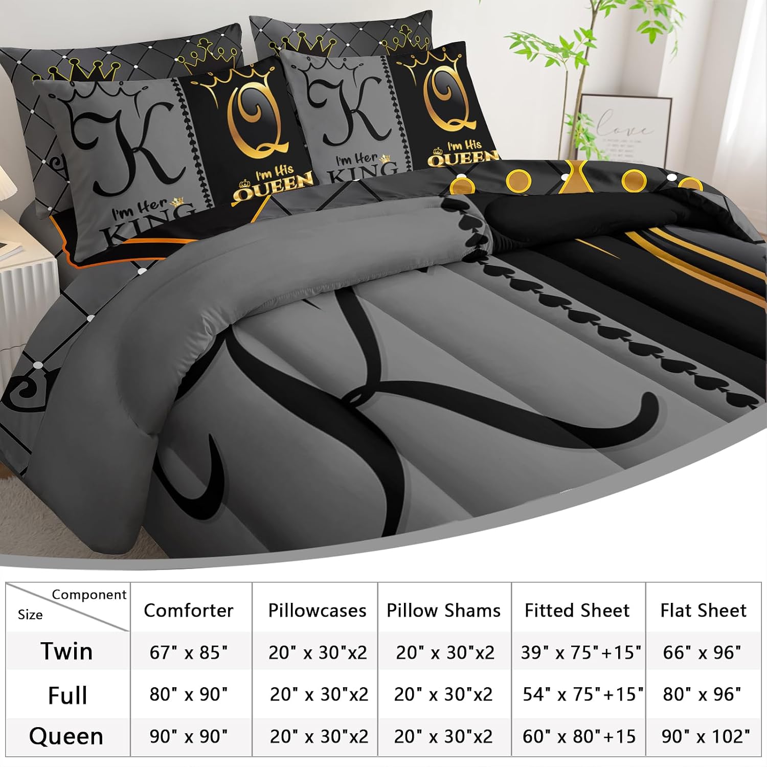 AILONEN Grey and Black Comforter Set Queen IZE,7-Piece K and Q Printed Crown Couple Bed in a Bag,His Her Lover Comforter & Fitted Sheet & Flat Sheet & 2 Pillowcases,2 Pillow Shams