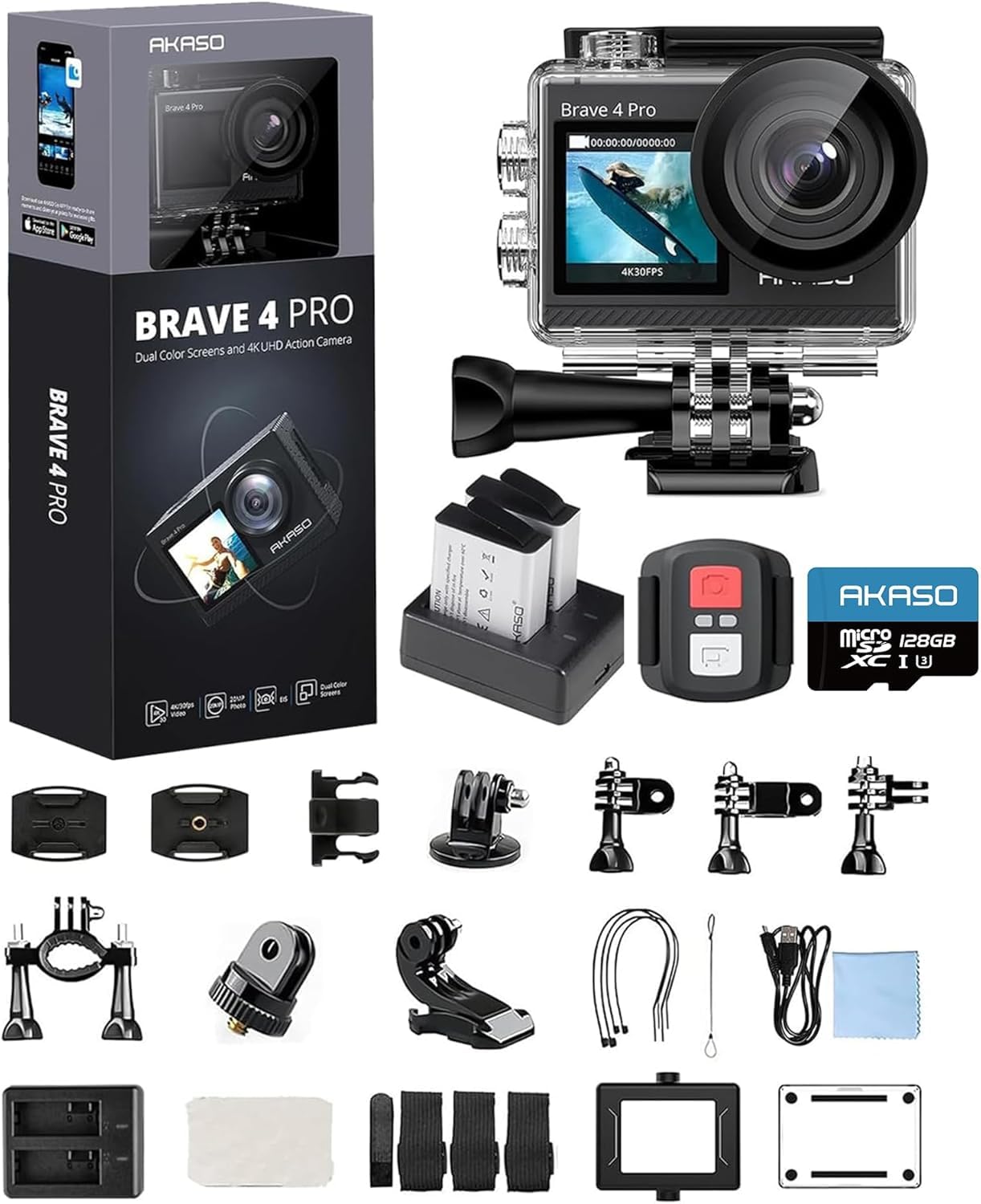 AKASO Brave 4 Pro Action Cam 4K 40M con Scheda di Memoria U3 da 128GB, Videocamera 20MP WiFi 170° Grandangolare Doppio Schermo EIS Stabilizzazione, Touch Screen, 5x Zoom