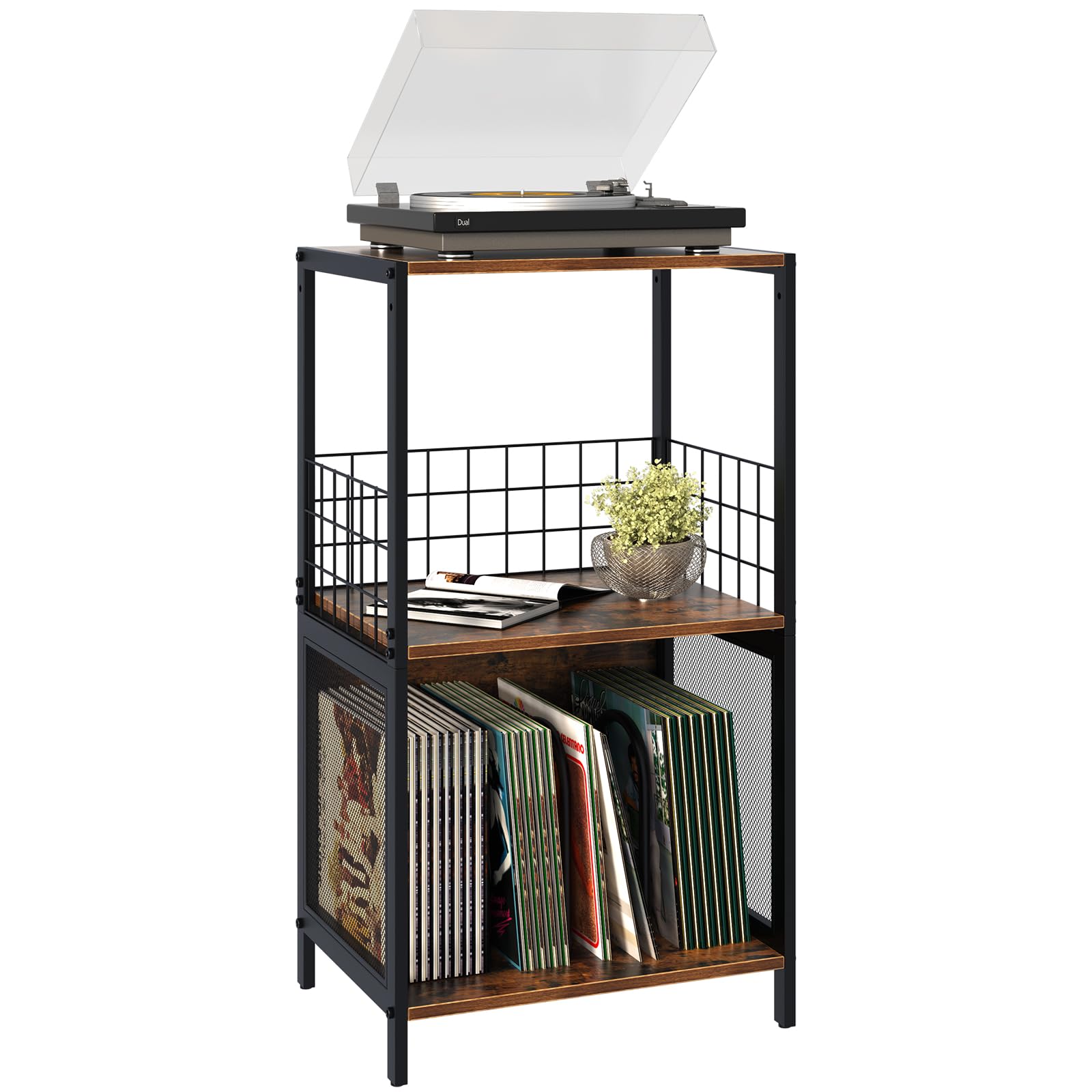 Huhote 3-Tier Vinyl Record Storage, Side Table, Record Player Stand with Storage for Up to 100 Albums, Turntable Cabinet for Living Room, Bedroom & Music Room (Brown)
