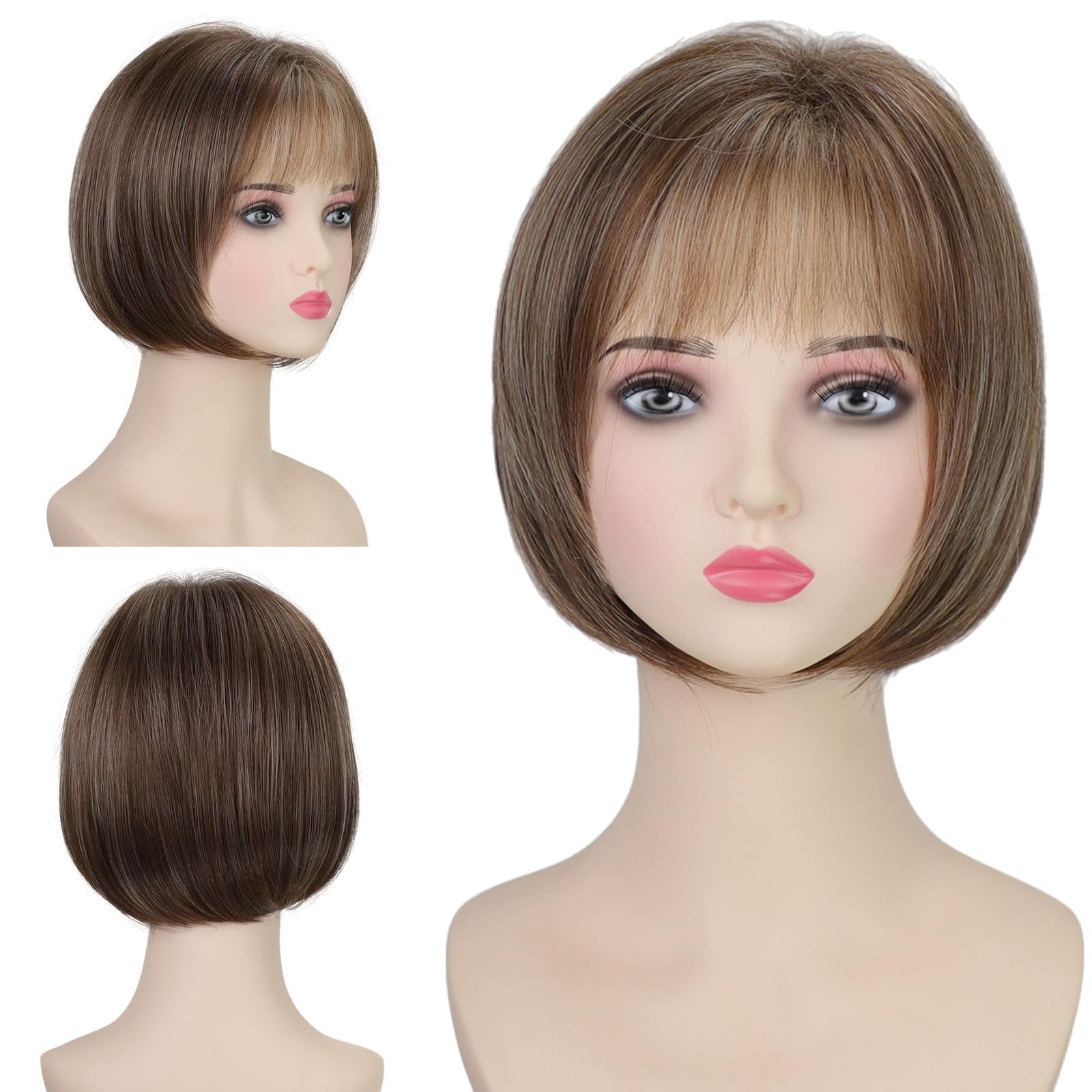 TISHINING Short Brown Mix Blonde Highlight Bob Wig with Bangs for White Women Chin Length Layered Mixed Brown Straight Bob Wig 10 Inch Synthetic