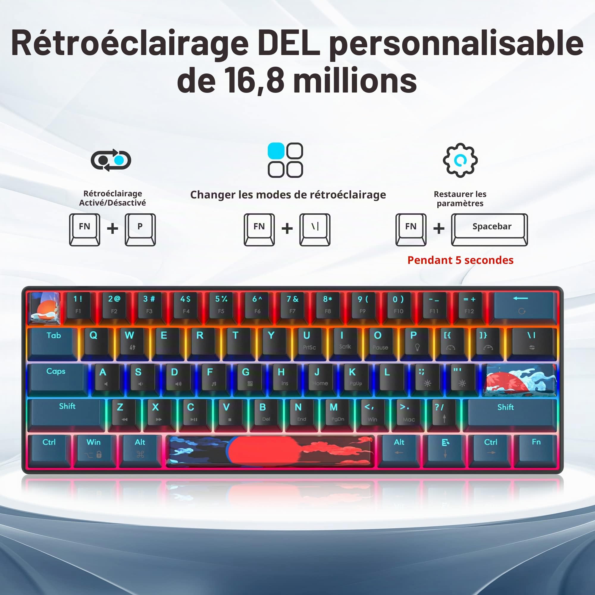 60% Clavier Gaming pour PC, Mini Clavier Gamer 60 Pourcent Mecanique, Filaire Clavier Gamer 60% USB American QWERTY Ultra-Compact à 61 Touches pour Gamer Win/Mac