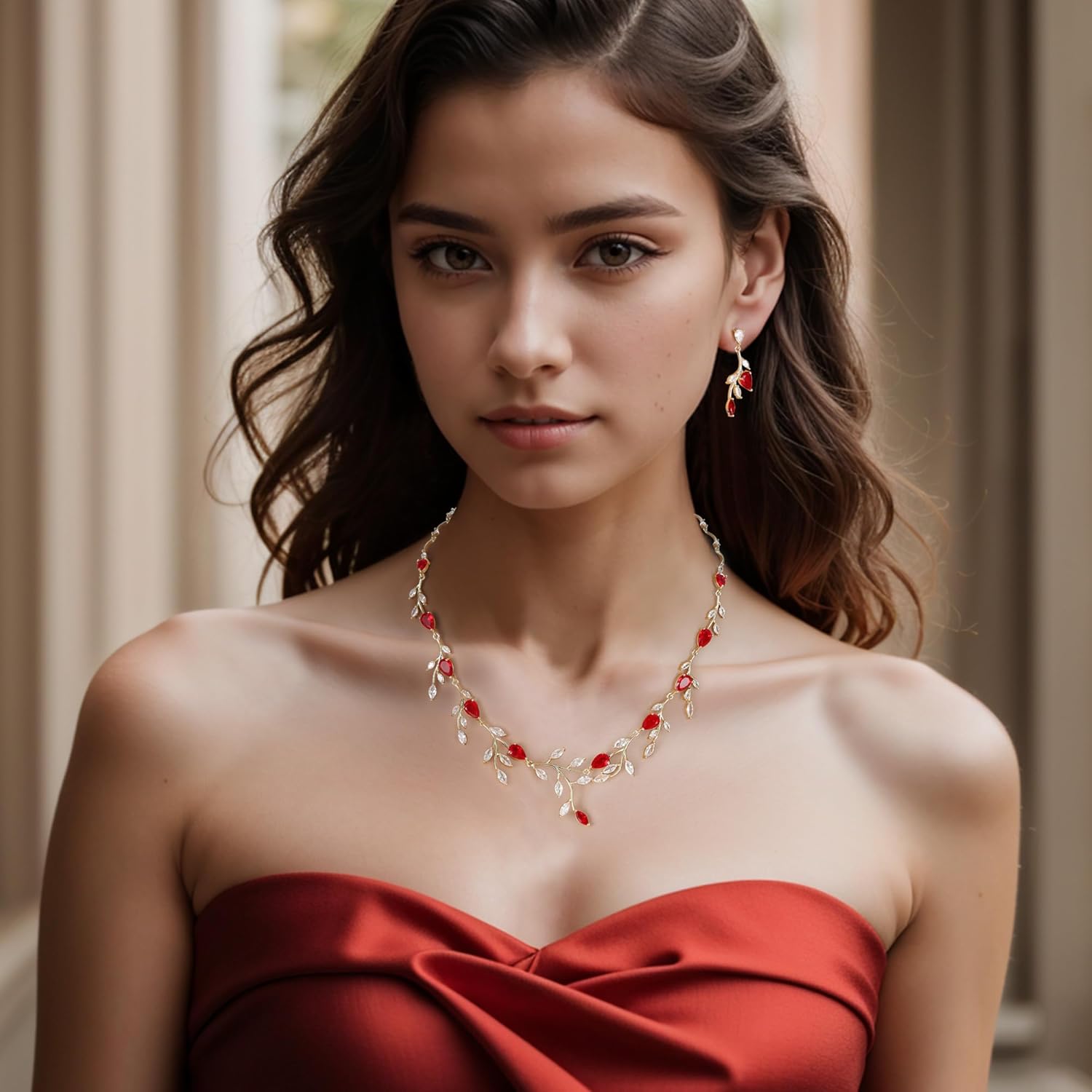 EVER FAITH Wedding Jewelry for Bride Women Bridesmaid, Sparkly Cubic Zirconia Pear-Shaped Birthstone Leaf Necklace Earrings Set for Prom - Image 3