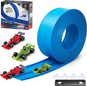 Upgrade 14.7 Ft Flexible Race Car Track, Portable Dual Sided Racetrack with 2 Car & Suction Cups, Compatible with 1/64 Diecast Cars, Classic Long Rolls Up Race Track for Boys Girls