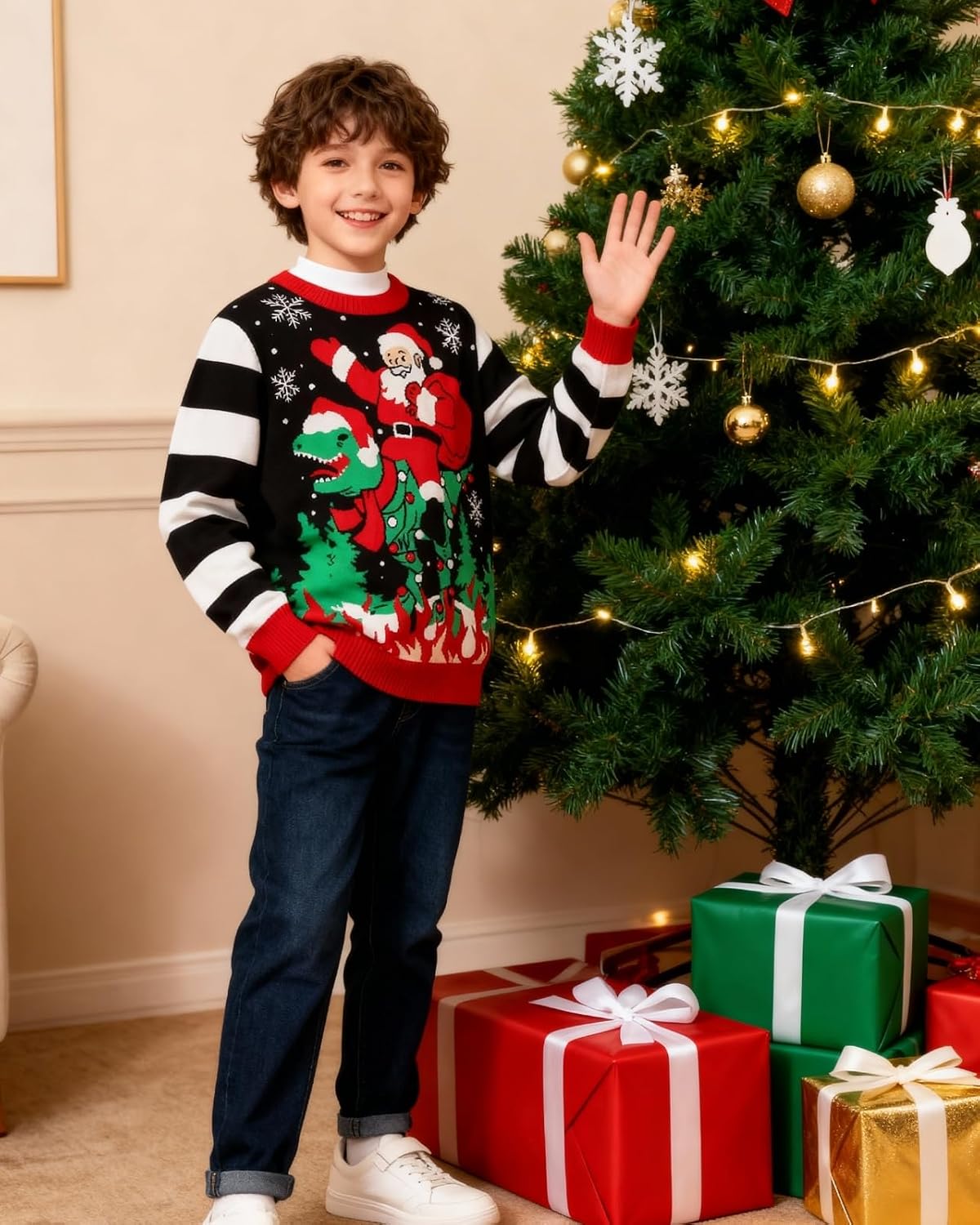 Boys Ugly Christmas Sweater Kid Xmas Santa Dinosaur Funny Pullover Tween Long Sleeve Top Clothes 6-13Y