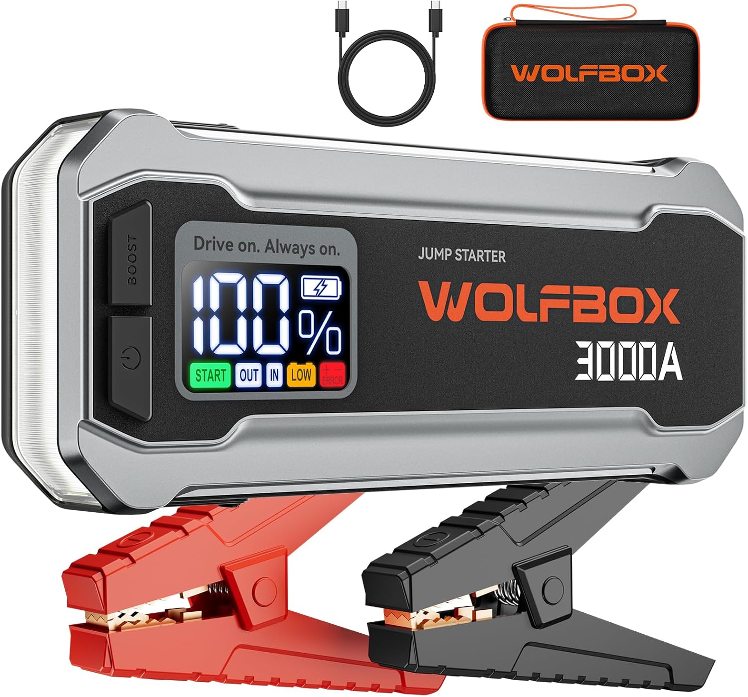 WOLFBOX 3000A Jump Starter unit and its accessories