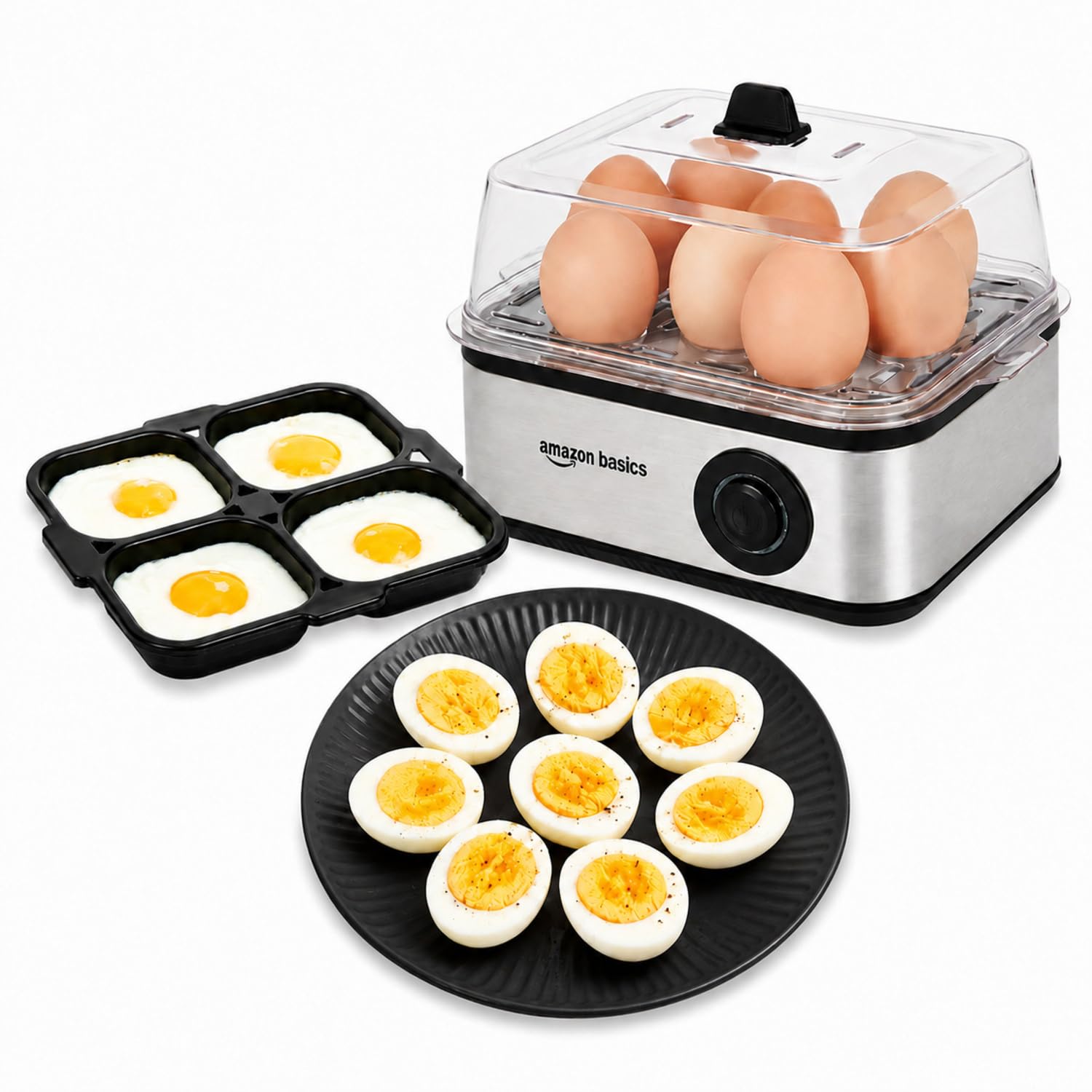 Amazon Basics 3-in-1 Electric Egg Boiler and Poacher | Boils 8 Eggs, Poaches 4 Eggs, Steam Vegetables | Auto Cut Off | 3 Boiling Modes | 500W | Stainless Steel Body - Silver-picture-30