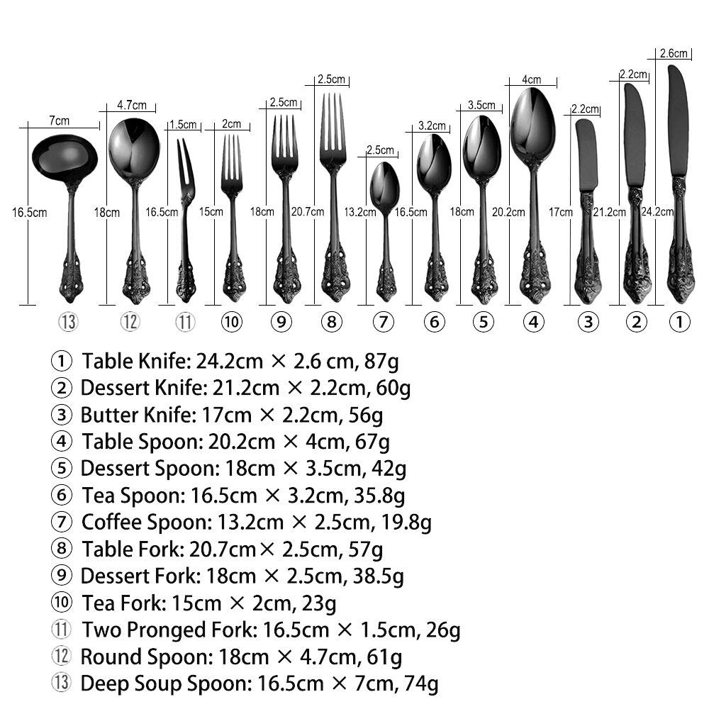 Set de Cubiertos de acero inoxidable 18/10 negro, Estilo Vintage, acabado pulido brillante, para Cocina, Restaurante, Fiesta, Juego de 13, Un juego completo de cubertería