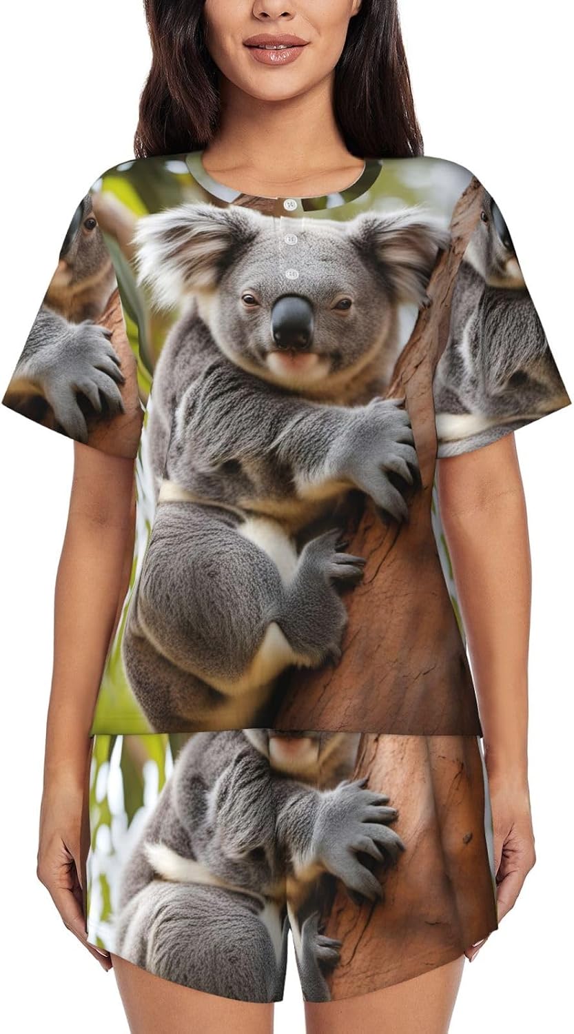 Women'S Hugging Tree Koala Print Pajamas Set,Womens Pj Sets For Summer,Loungewear Sets With Cooling Fabric