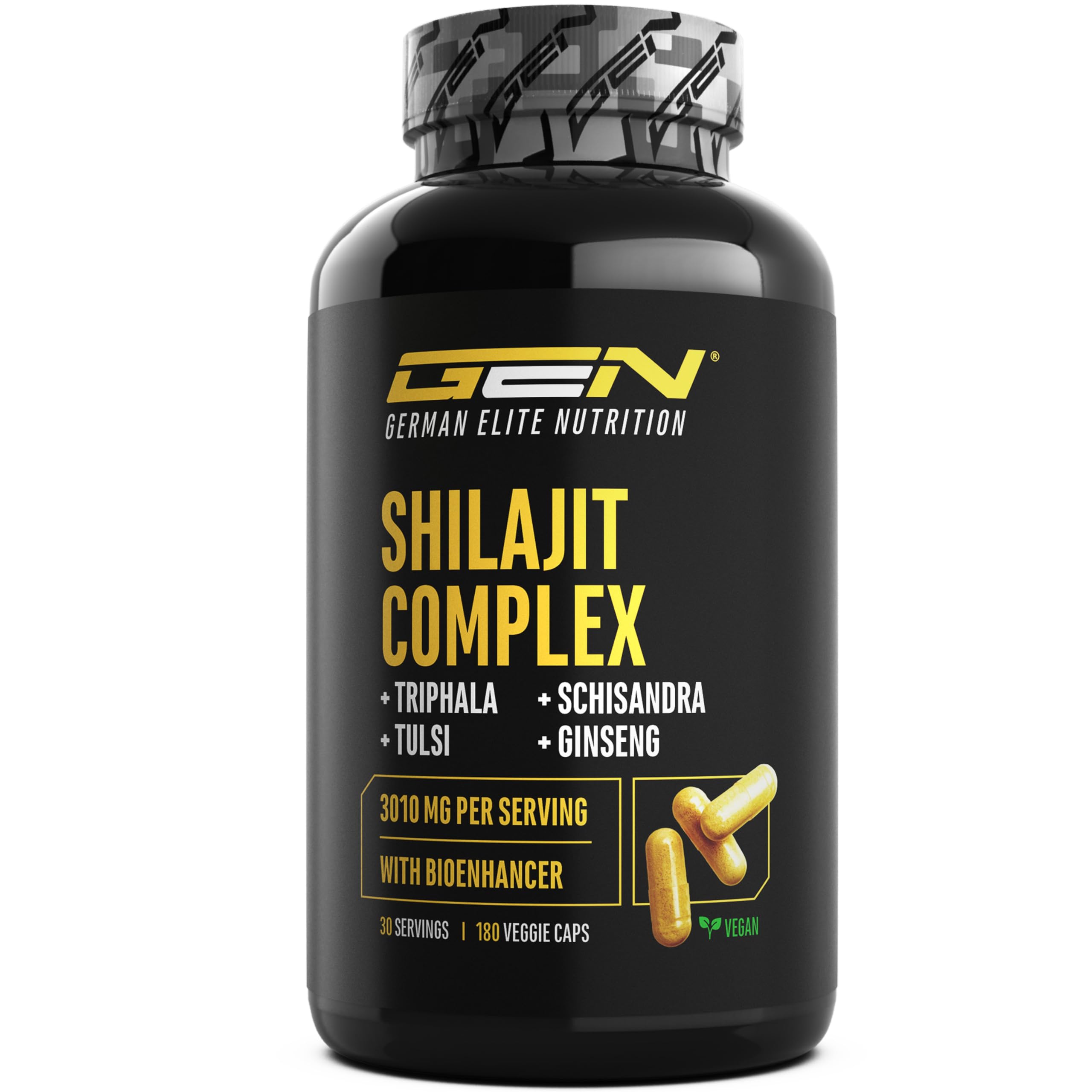 Shilajit Complex - 180 cápsulas - Alta dosis con 3010 mg por dosis diaria - Con ginseng, schisandra, triphala, extracto de tulsi, 50% de ácido fúlvico y 12% de ácido húmico - Vegano